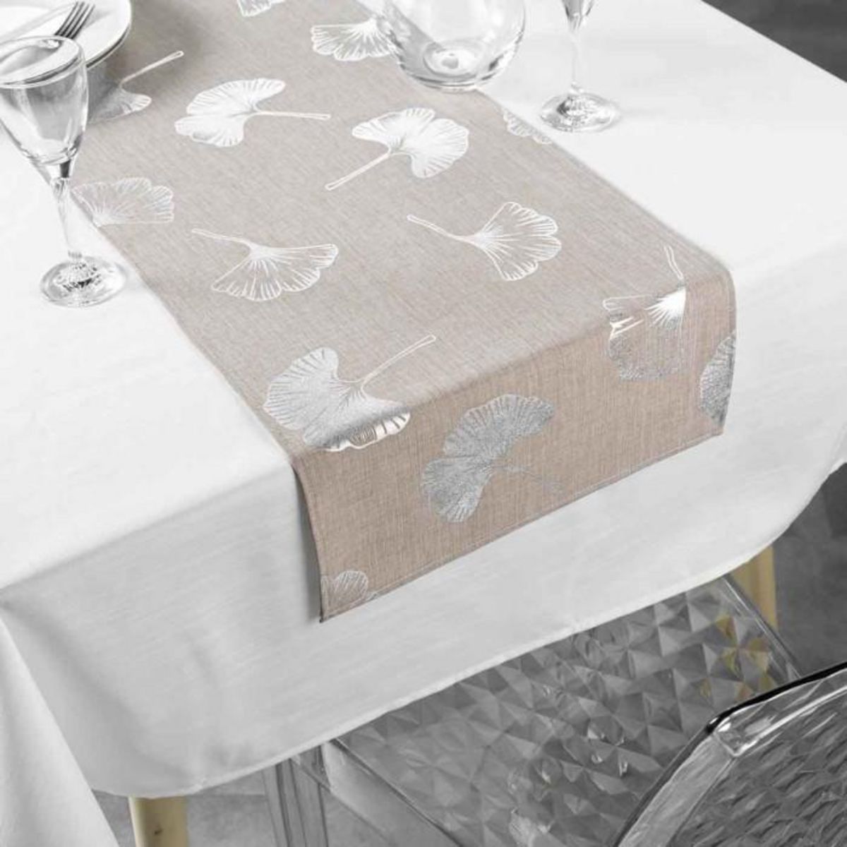 Paris Prix Nappe & Chemin de Table  Euphoria  140x250cm Blanc & Noisette