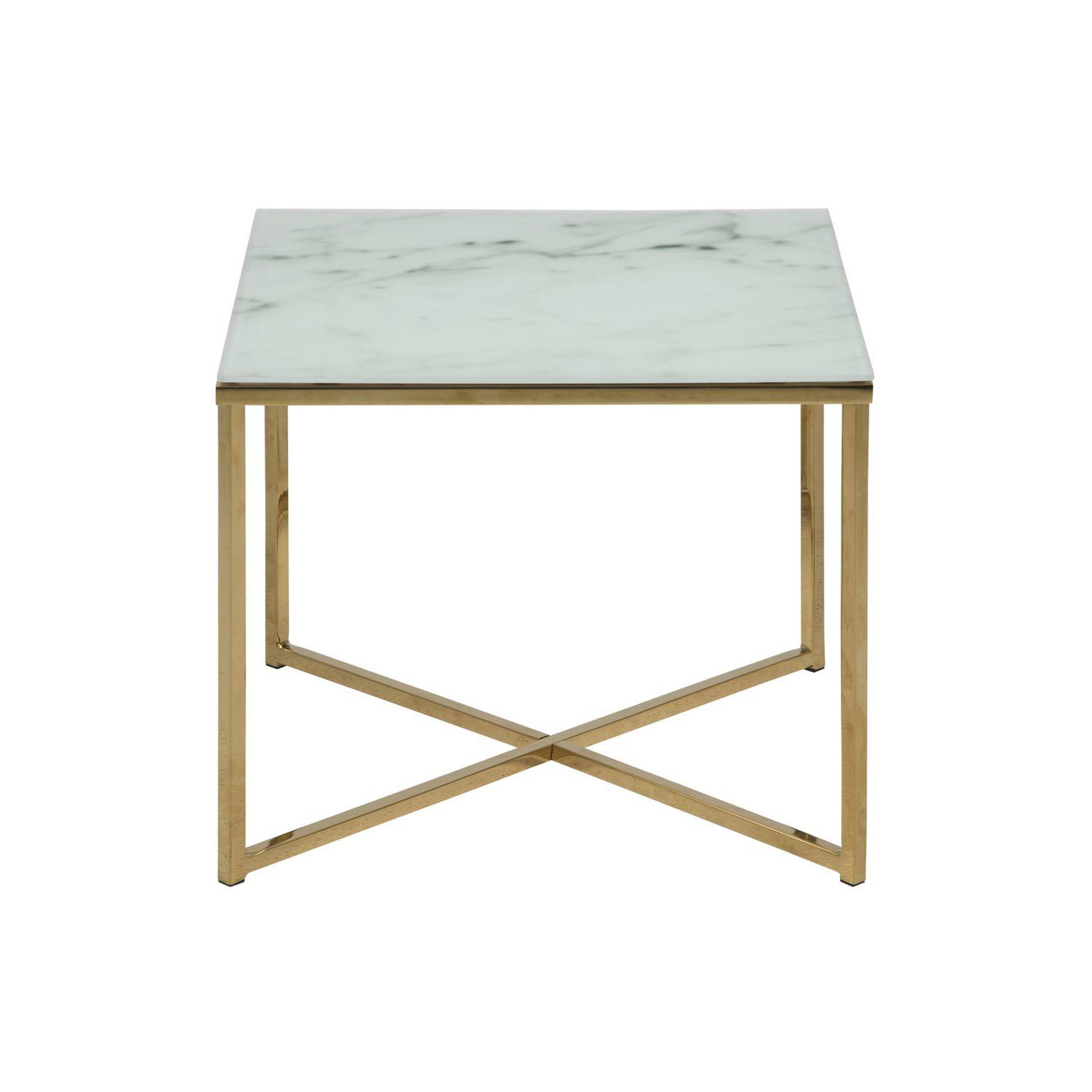 Voir la diapositive 3 : TOILINUX Table à café carrée effet marbre en verre et métal - l. 50 cm x h. 42 cm - doré et blanc