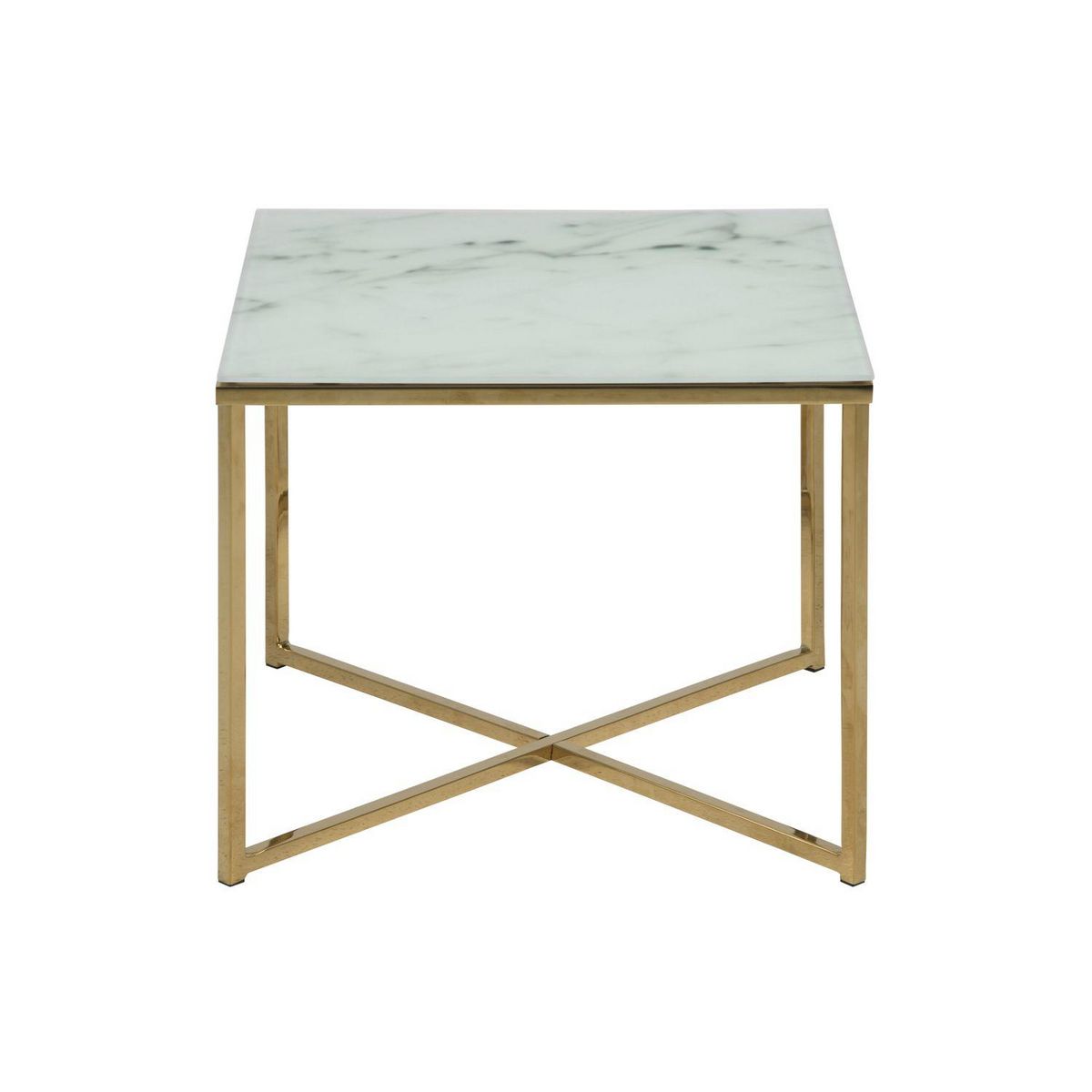 TOILINUX Table à café carrée effet marbre en verre et métal - L. 50 cm x H. 42 cm - Doré et blanc