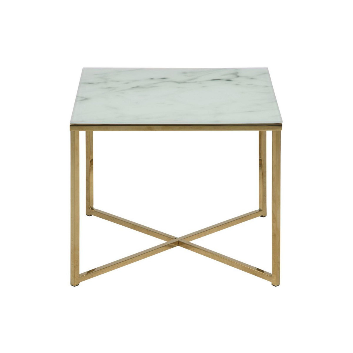 TOILINUX Table à café carrée effet marbre en verre et métal - L. 50 cm x H. 42 cm - Doré et blanc