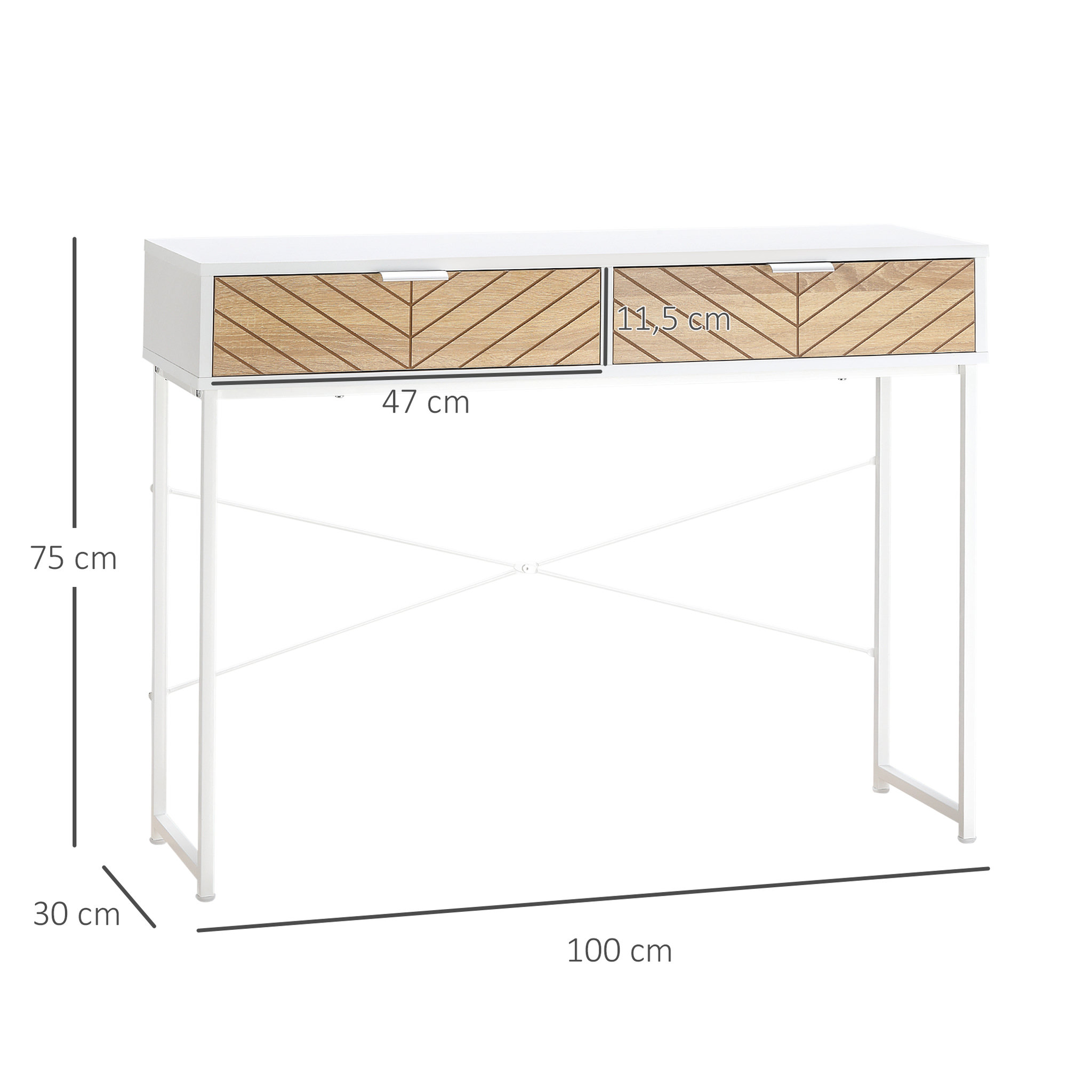 Voir la diapositive 3 : HOMCOM Table console industriel 2 tiroirs aspect bois de chêne sculpté motif à chevrons piètement métal blanc