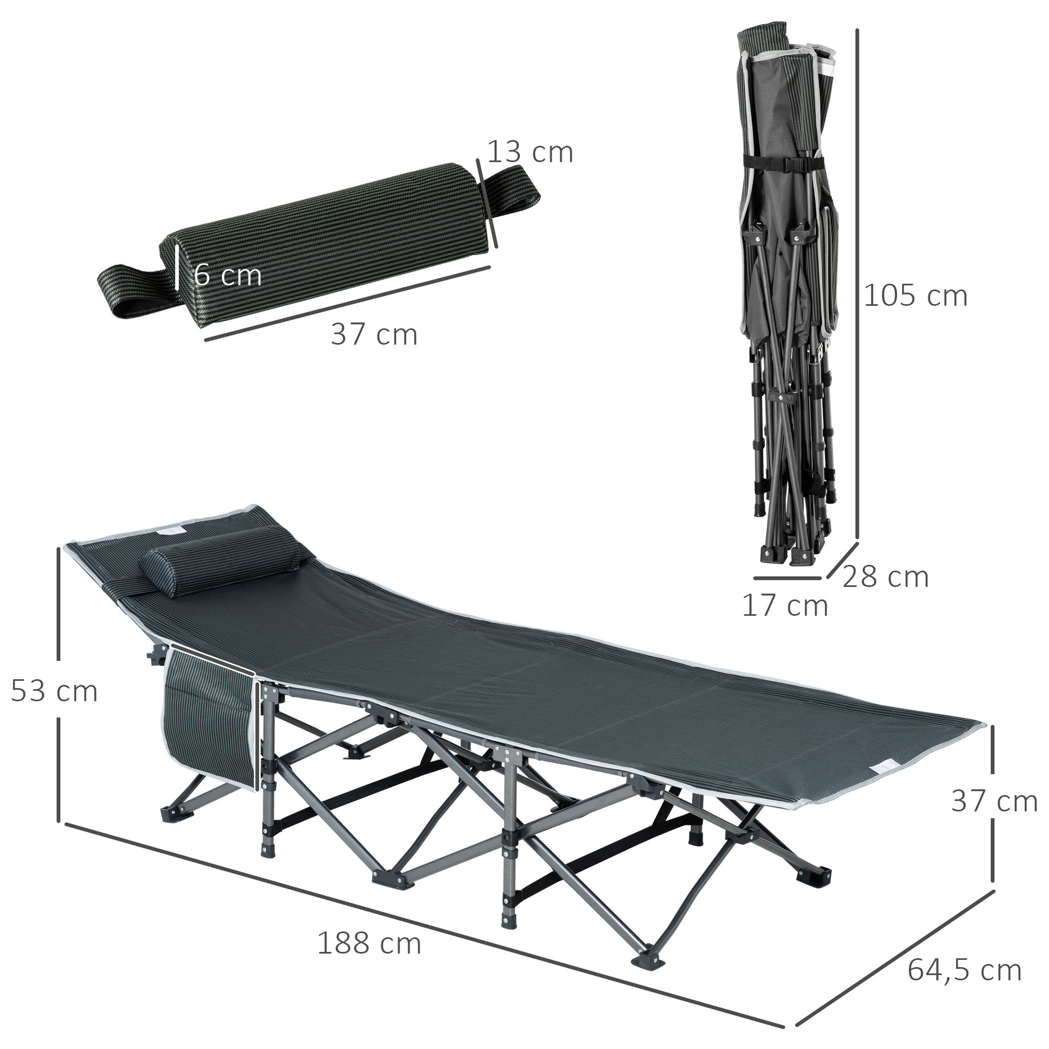 Voir la diapositive 3 : OUTSUNNY Lit de camp lit d'appoint pliable dim. 188L x 64,5l x 53H cm pochette rangement, tétière, sac de transport inclus métal Oxford gris