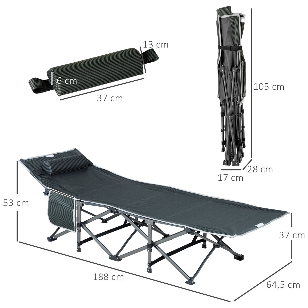 OUTSUNNY Lit de camp lit d'appoint pliable dim. 188L x 64,5l x 53H cm pochette rangement, tétière, sac de transport inclus métal Oxford gris