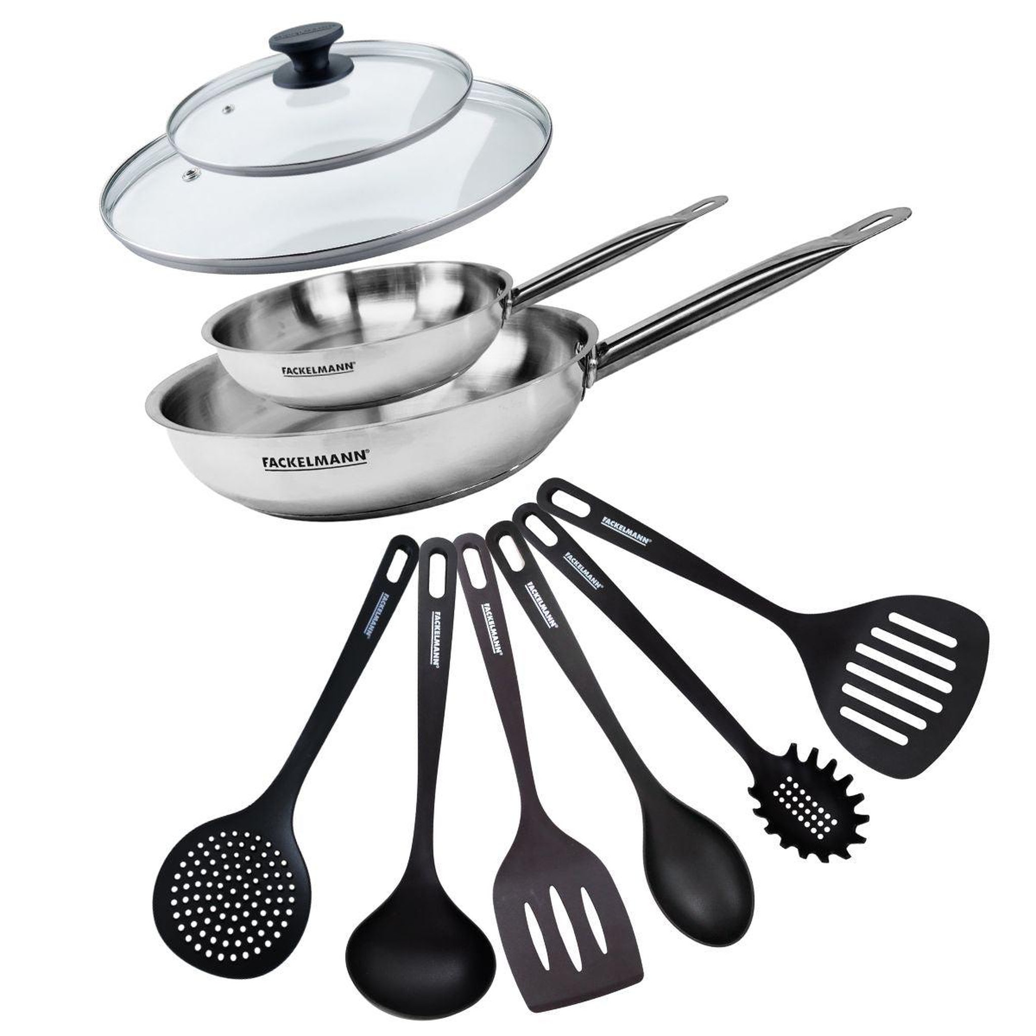 Fackelmann Set de 2 poêles de 20 et 28 cm en inox, 2 couvercles en verre et 6 ustensiles fackelmann eterna