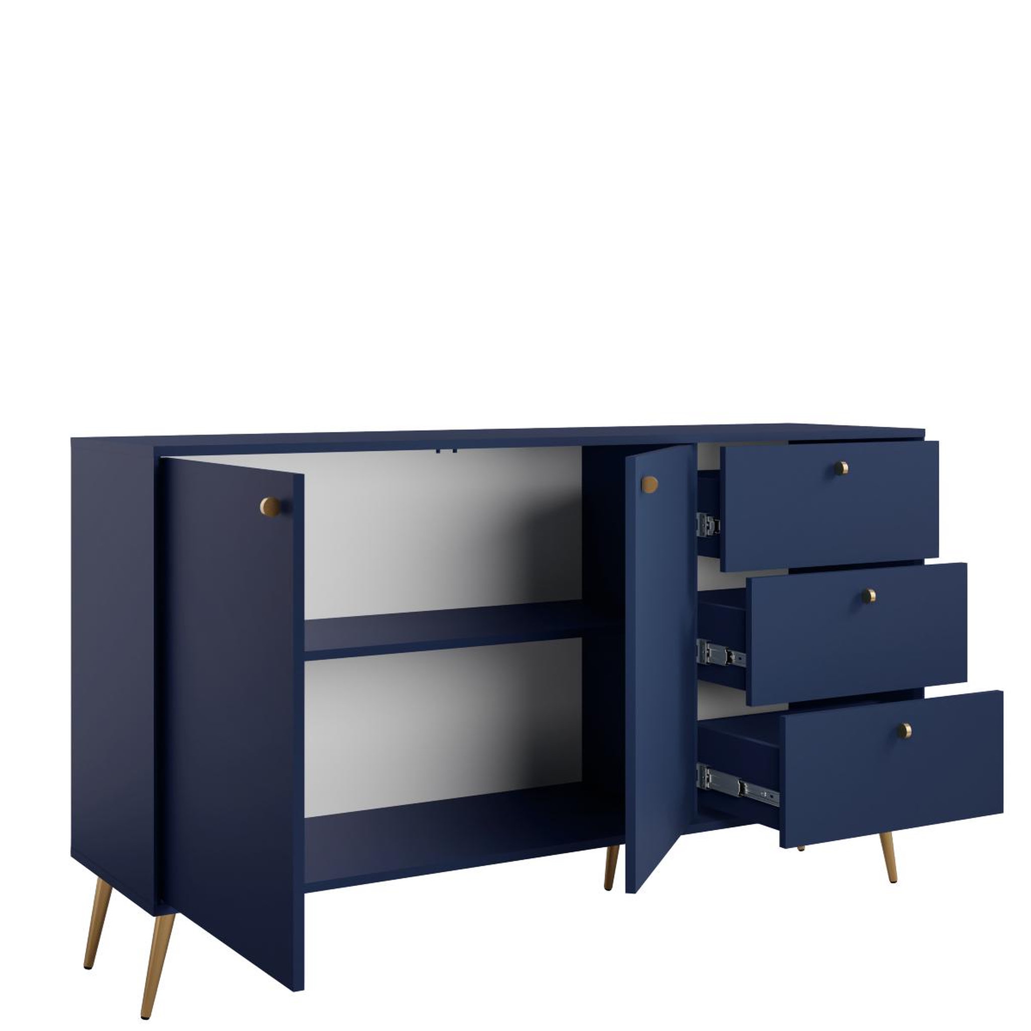 Voir la diapositive 3 : JLC KREATION Buffet bas bleu foncé et pied doré 160cm ezia