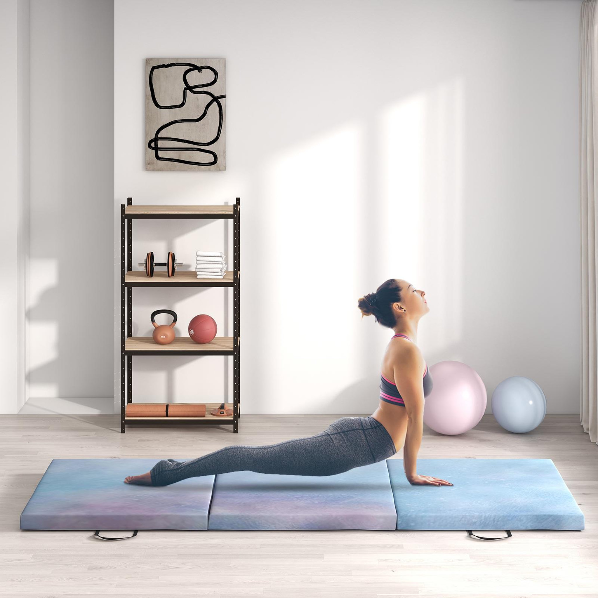 Voir la diapositive 2 : HOMCOM Tapis de sol gymnastique fitness pliable portable rembourrage mousse 5 cm dim. 1,8l x 0,6l m revêtement synthétique bleu