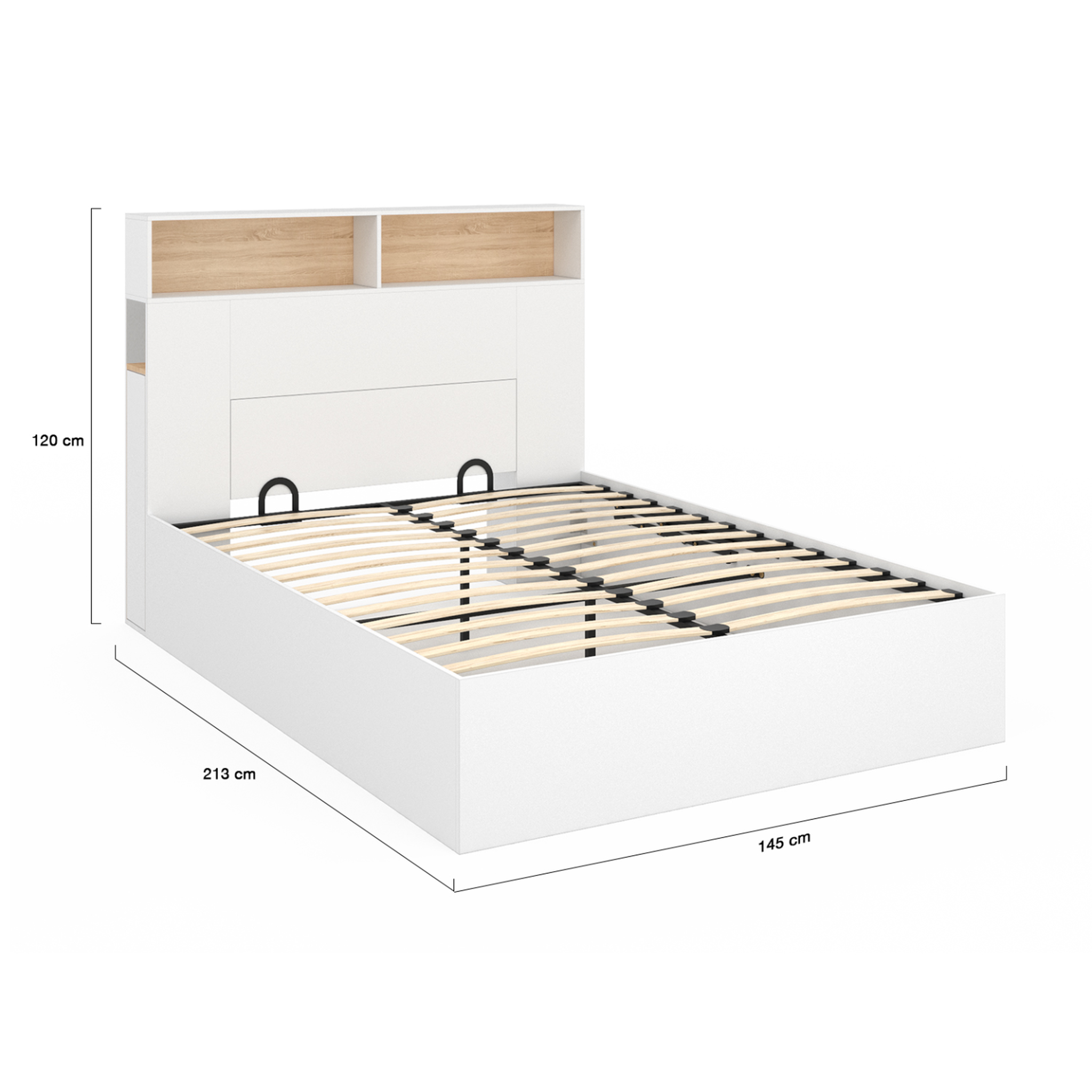 Voir la diapositive 5 : ID MARKET Lit coffre double clyde avec tête de lit + rangements et sommier 140 x 190 cm blanc et façon hêtre