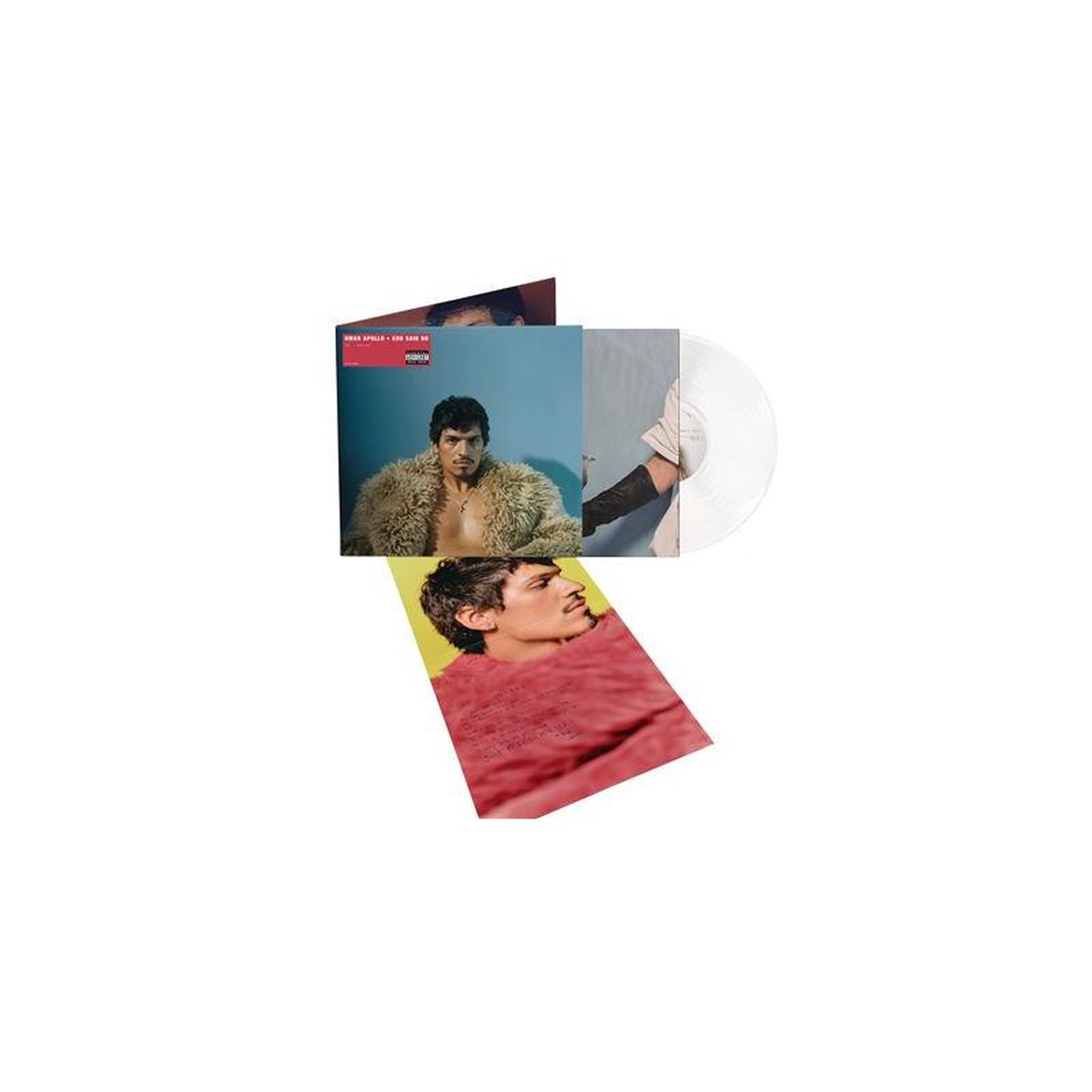 Vinyle god said no, pochette transparente claire avec visages superposés tons rouges et bleus