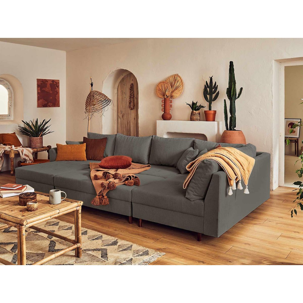 LISA DESIGN Rune - canapé panoramique d'angle droit - 7 places - avec pouf d'appoint - en velours côtelé