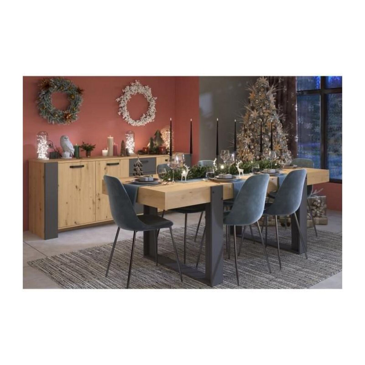 PARISOT Ensemble enfilade + table LOFT - Mélaminé décor chene artisan et gris - Table rectangulaire 8 personnes-Enfilade 3 portes - P