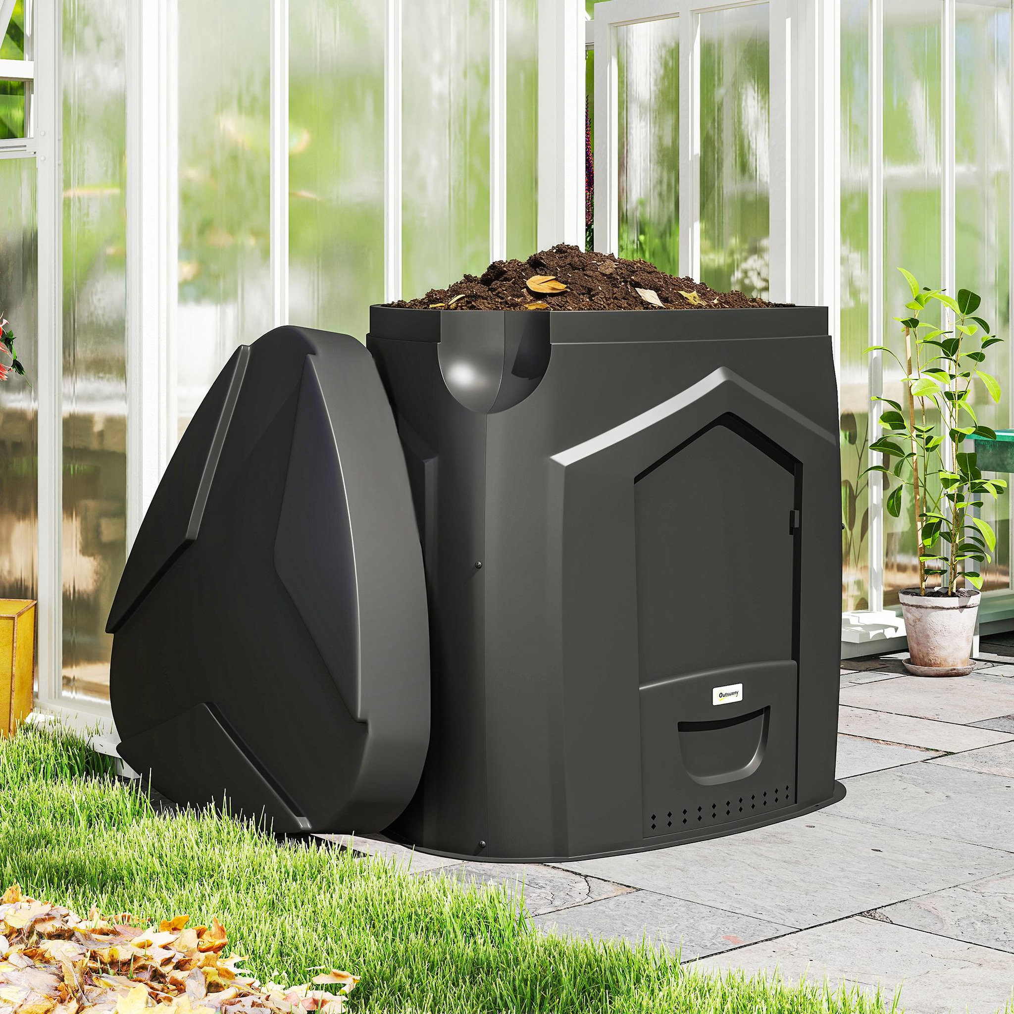 Voir la diapositive 6 : OUTSUNNY Composteur de jardin triangulaire 3 Portes, 66 Aérations - fond ouvert - polypropylène - 240L - noir