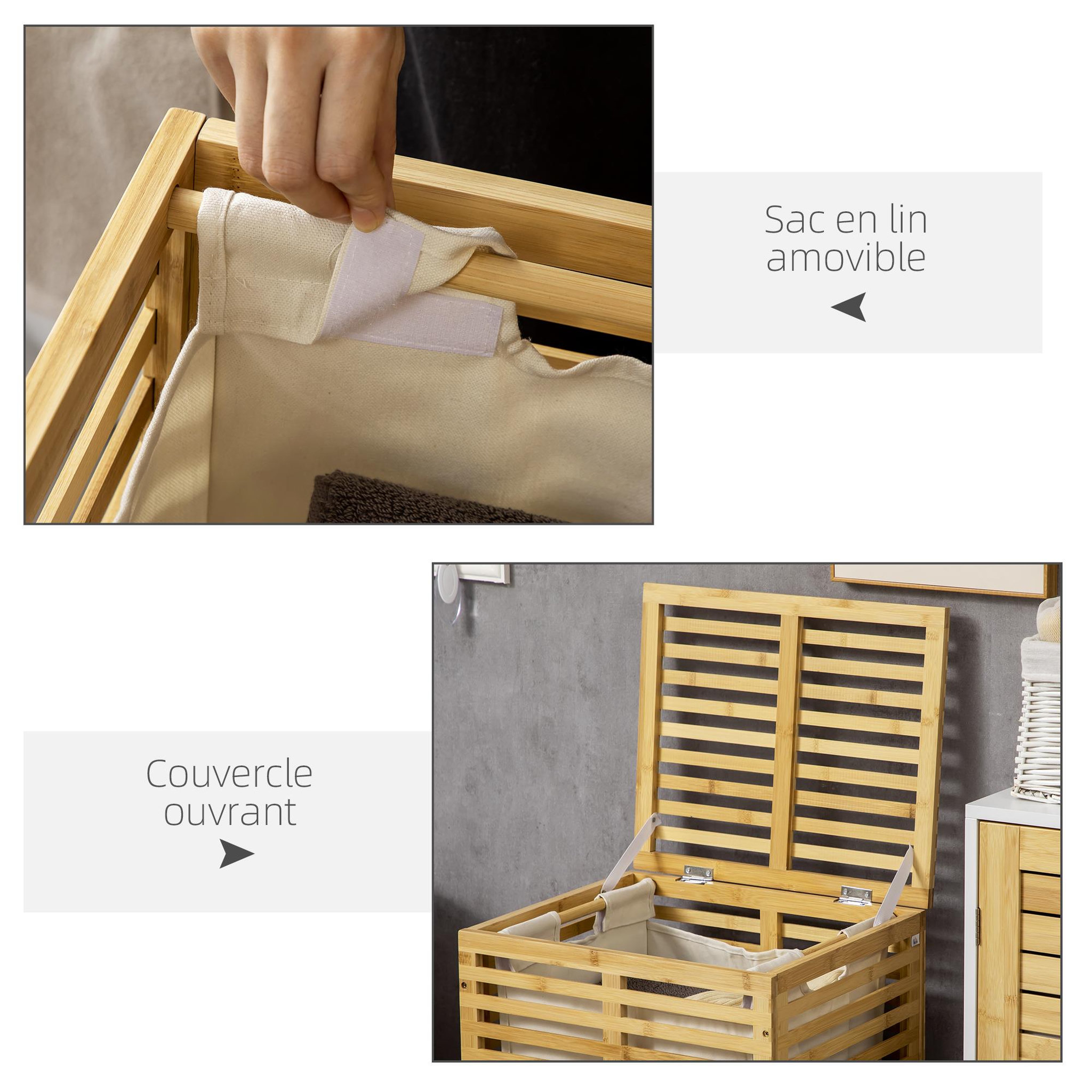 Voir la diapositive 5 : HOMCOM Panier à linge corbeille à linge bac à linge bambou couvercle sac amovible polyester beige
