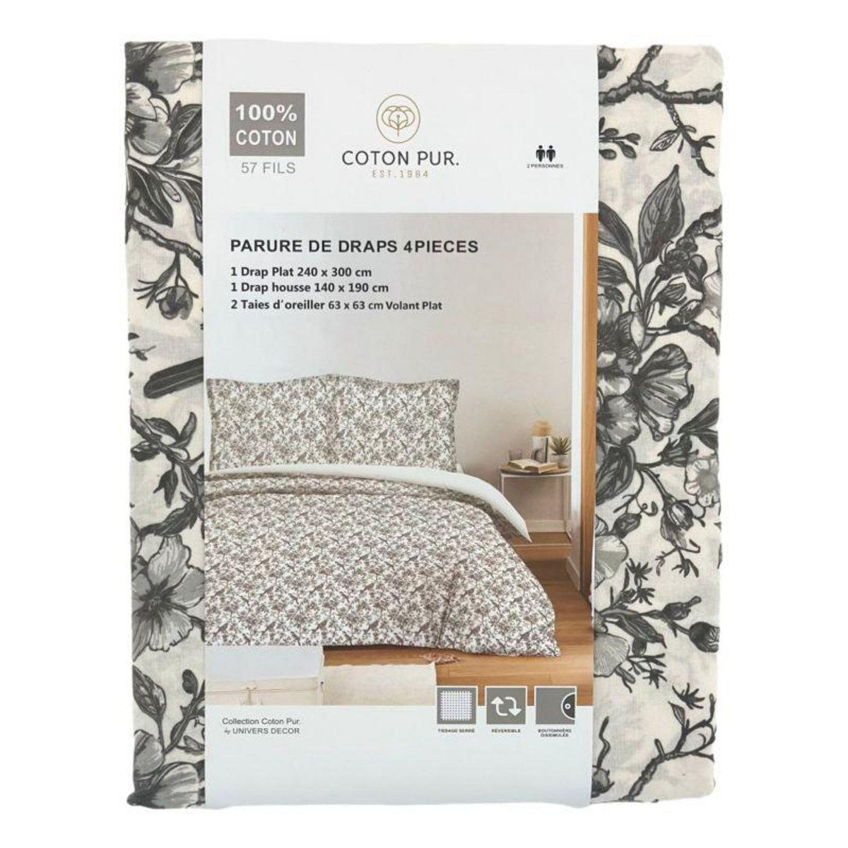 COTON PUR Parure de draps 4 pièces pour lit 140 x 190 cm Bérengère nuage