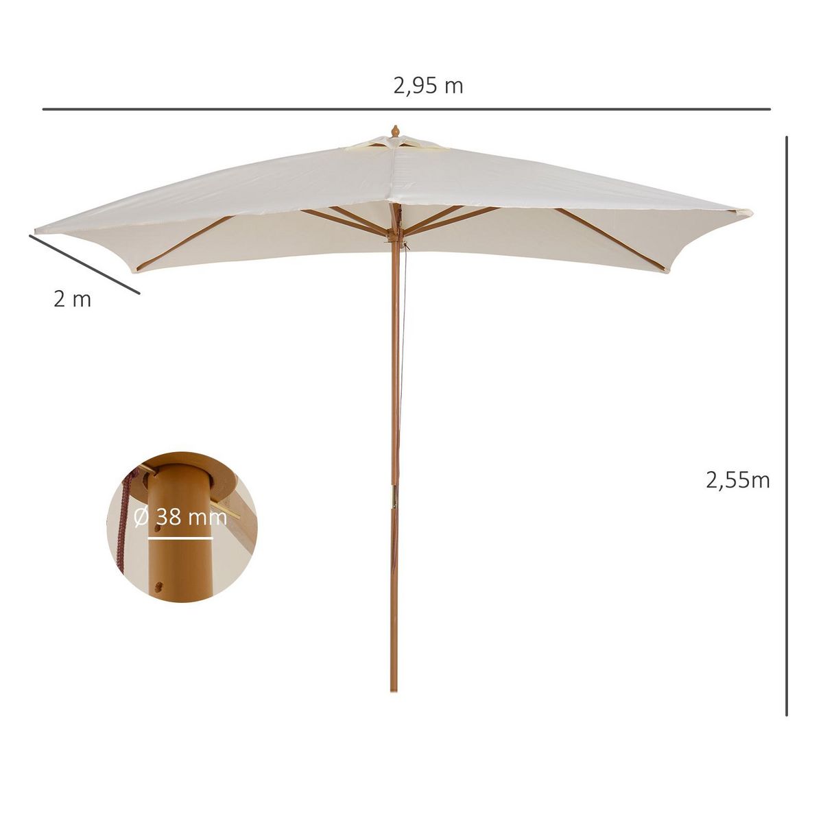 OUTSUNNY Parasol droit rectangulaire bois polyester haute densité 2,95L x 2l x 2,55H m crème