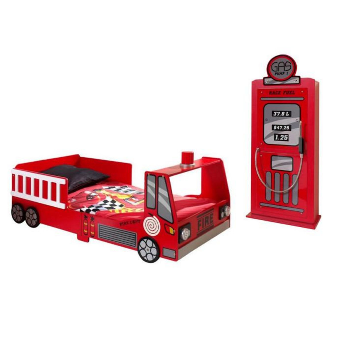 Paris Prix Pack - Lit Enfant  Pompier  & Armoire 1 Porte  Pompe à Essence  Rouge