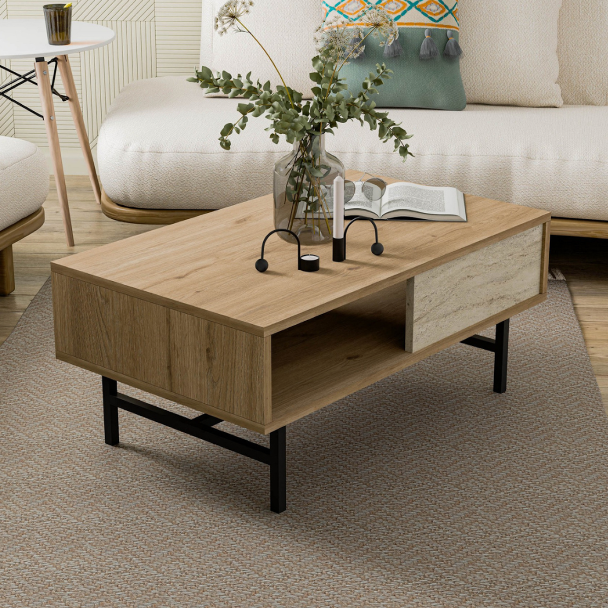 CONCEPT USINE Table basse design bois et travertin avec compartiment TROSA