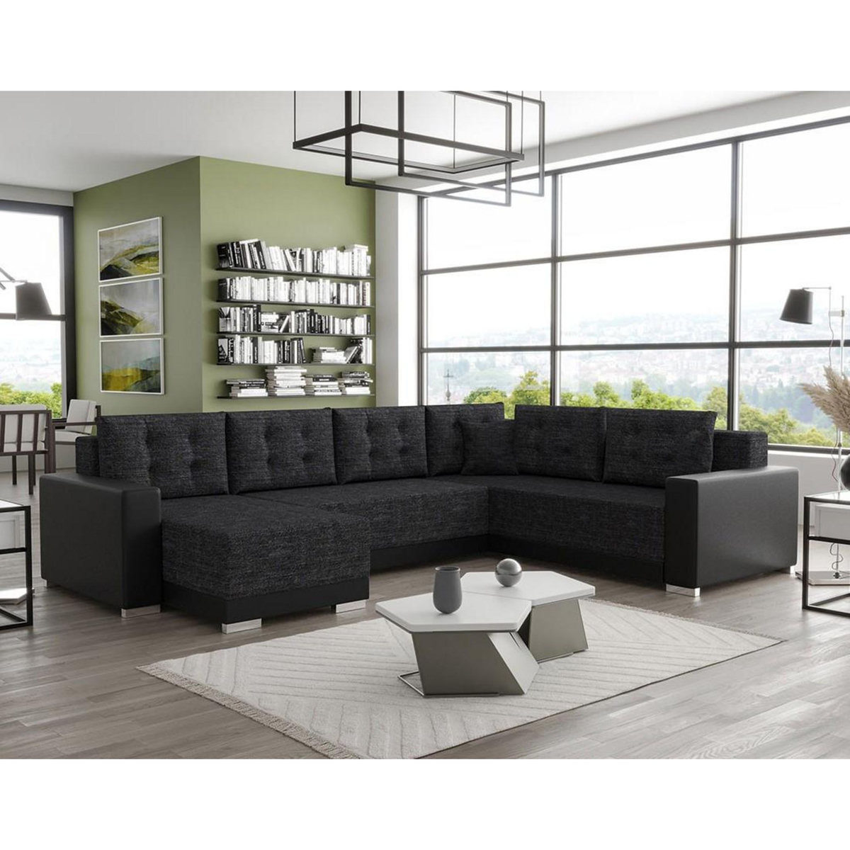 BEST MOBILIER Roger - canapé panoramique d'angle réversible 7 places convertible avec coffre en tissu