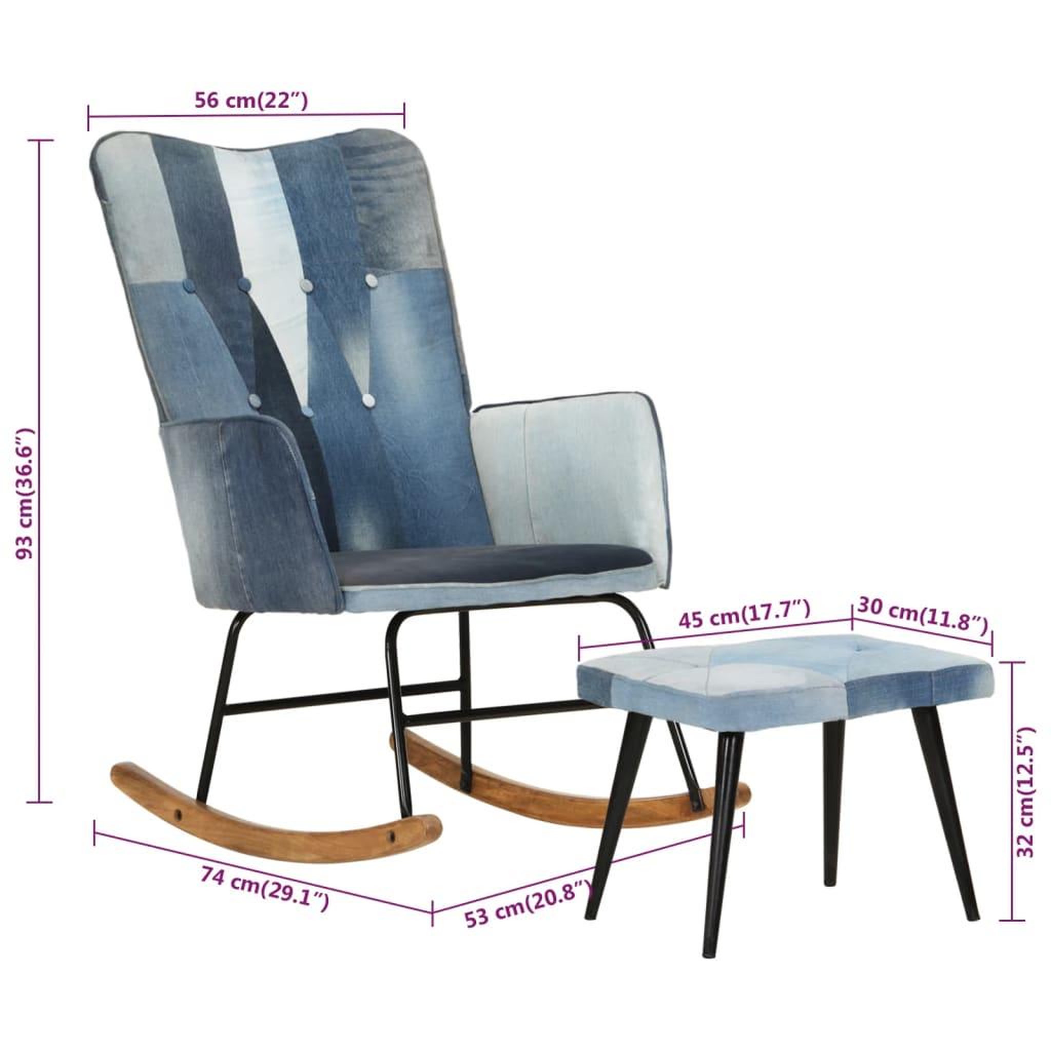 Voir la diapositive 6 : VIDAXL Chaise a bascule avec repose-pied Denim Bleu Toile patchwork