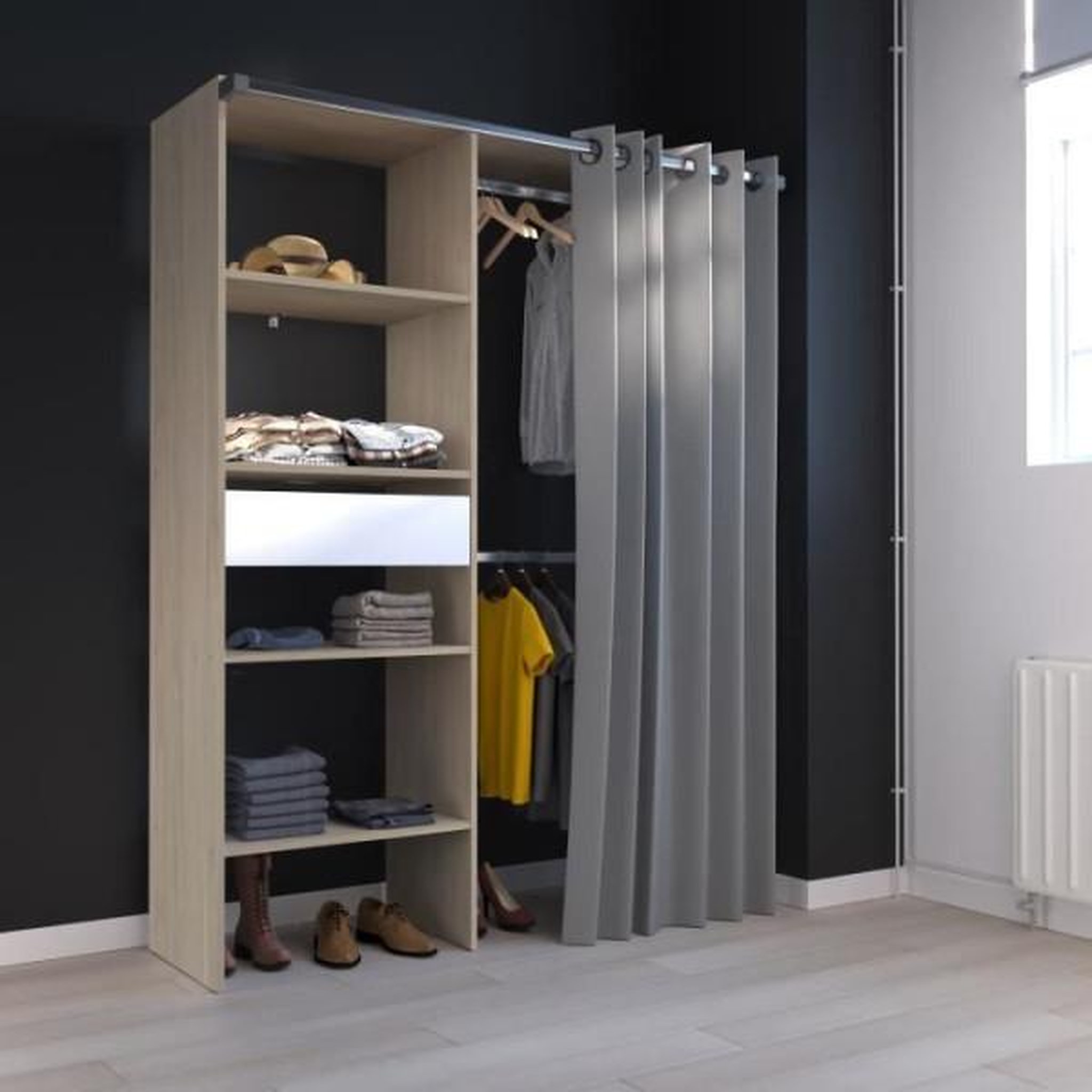 Voir la diapositive 3 : EKIPA Kit dressing ARTIC avec rideau - Décor Chene - 1 colonne + 2 penderies + 1 tiroir - L 143,5 X P 48 X H 181,9 cm - EKIPA