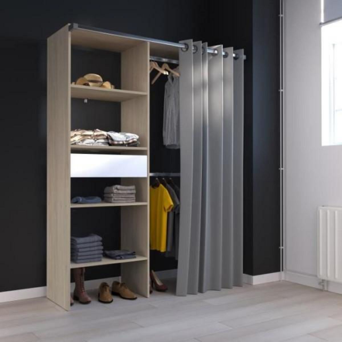 EKIPA Kit dressing ARTIC avec rideau - Décor Chene - 1 colonne + 2 penderies + 1 tiroir - L 143,5 X P 48 X H 181,9 cm - EKIPA