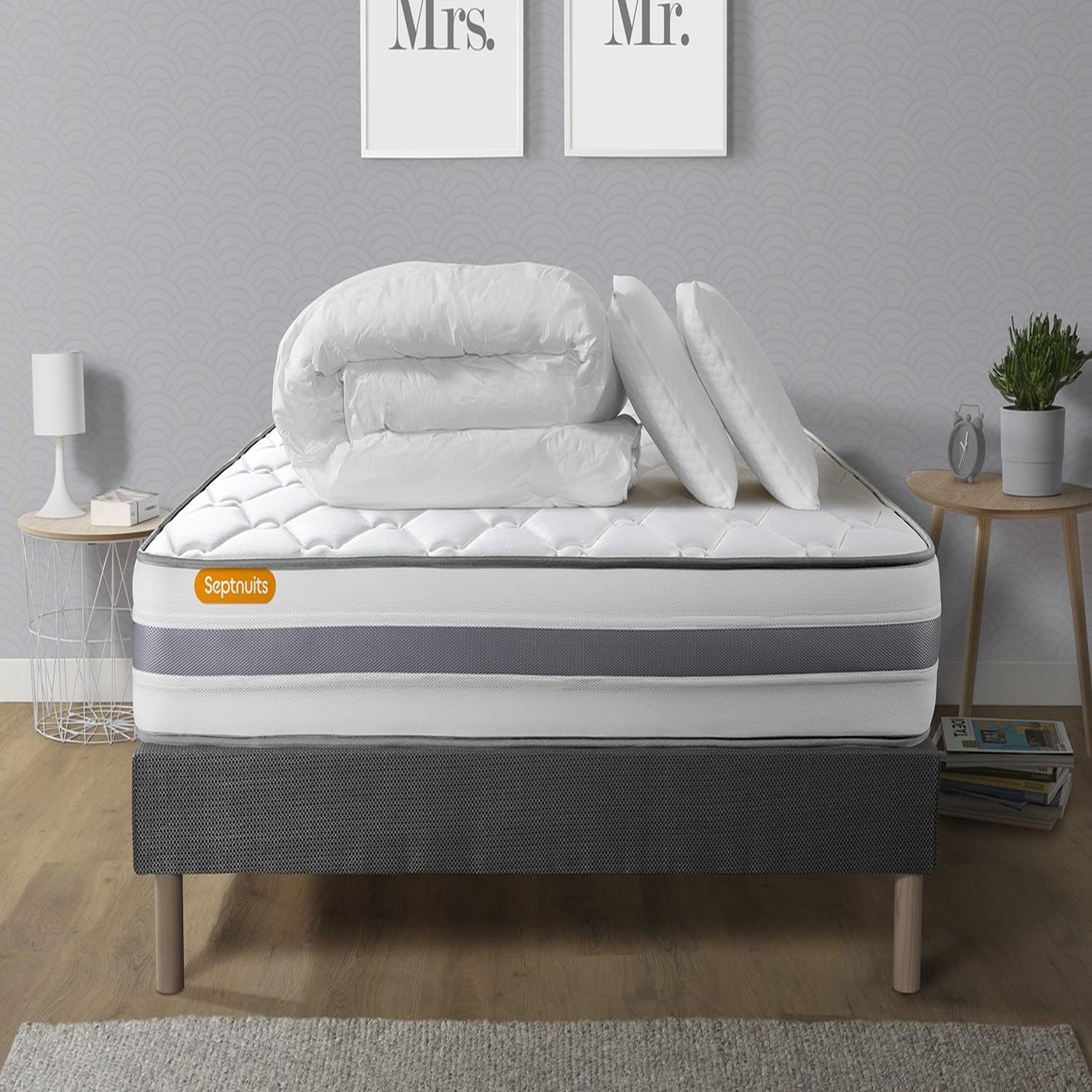 SEPTNUITS Pack matelas + sommier gris Memo Spring Ressorts ensachés 3 zones MAXI épaisseur + Couette + 2 oreillers. Coloris disponibles : Gris