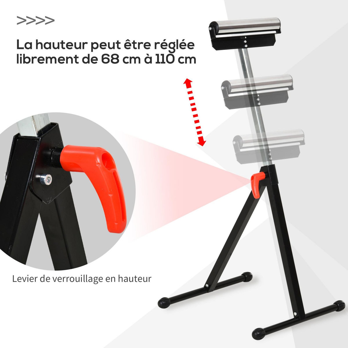 HOMCOM Servante à rouleau pliable - servante d'atelier à rouleau - max 90 Kg - H. 68-110 cm - métal rouge noir