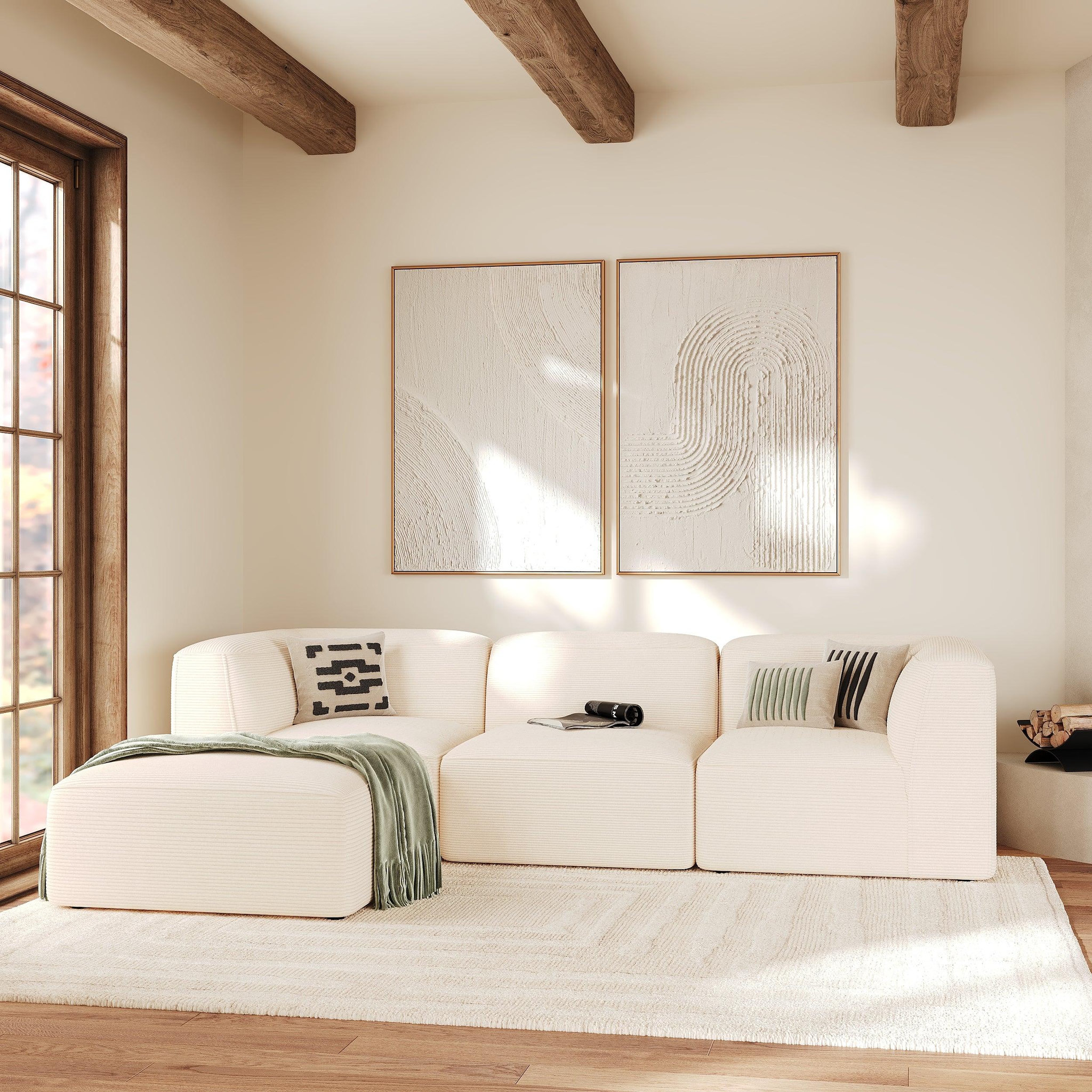 Voir la diapositive 2 : MAISON PAVANE Canapé modulable en velours blanc 3 places avec pouf-mina