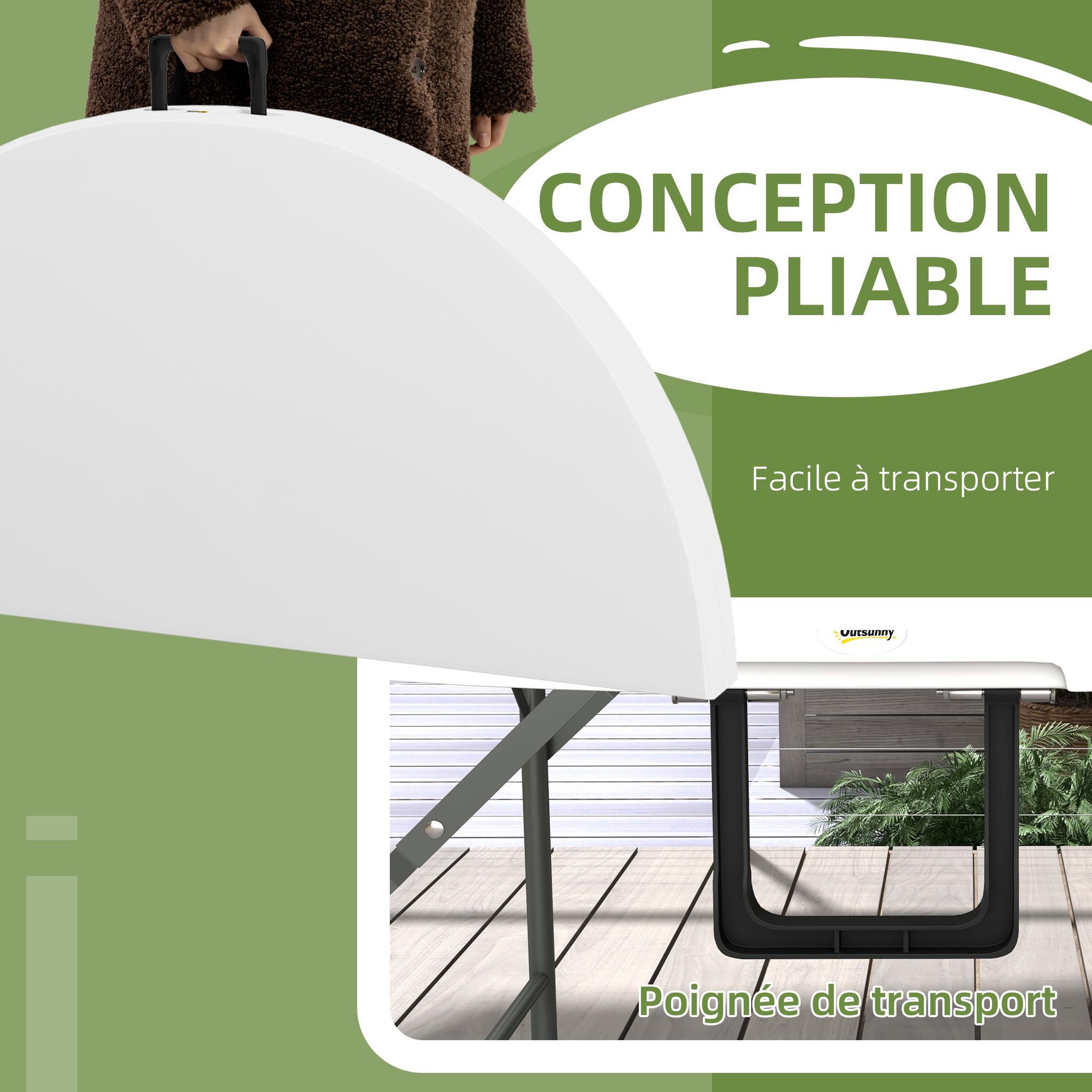 Voir la diapositive 4 : OUTSUNNY Table pliante table de camping pliable table de jardin ø 122 x 73h cm poignée acier époxy hdpe blanc