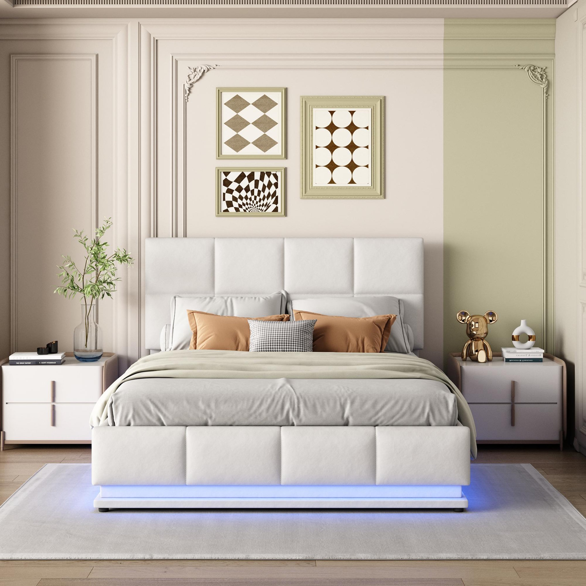 Voir la diapositive 4 : MERAX Lit coffre rembourré 140x200 cm coloris blanc led tissu