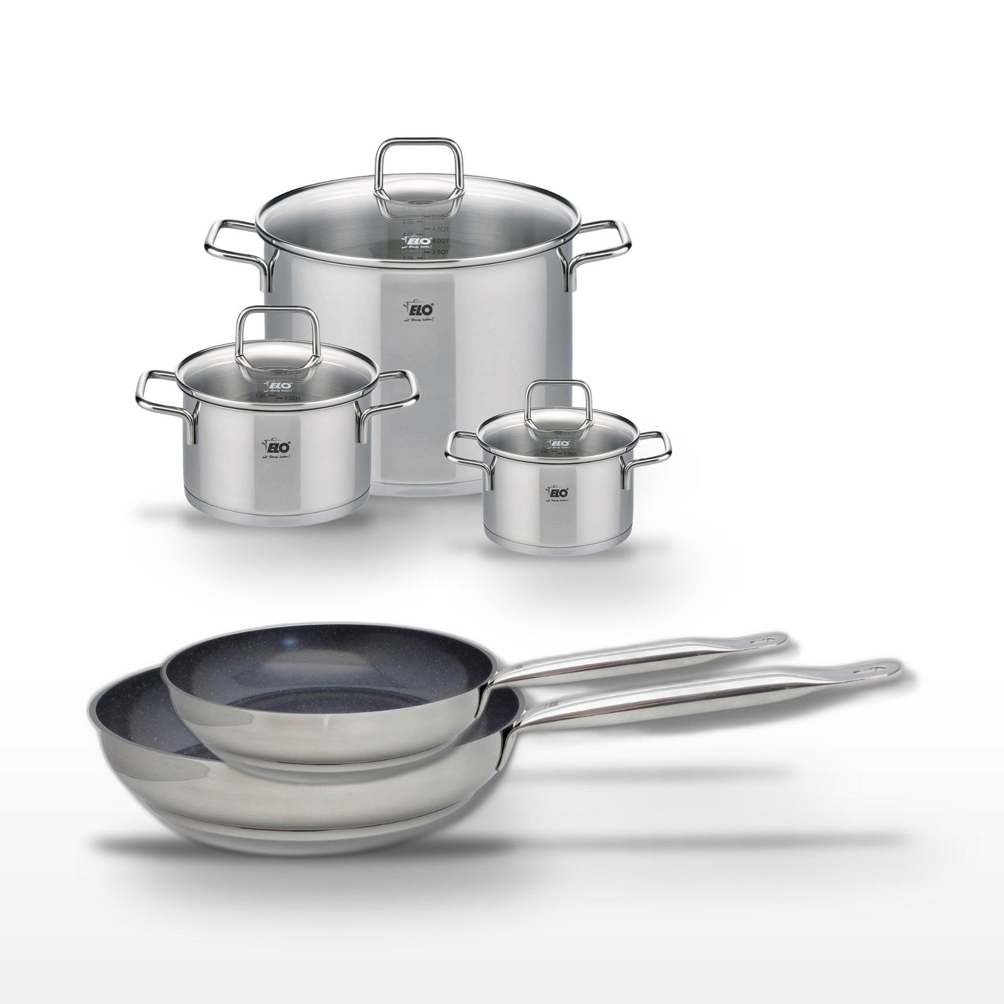 ELO Lot 2 poêles 24/28 cm & 3 faitouts 16/20/26 cm elo profi therm platinum