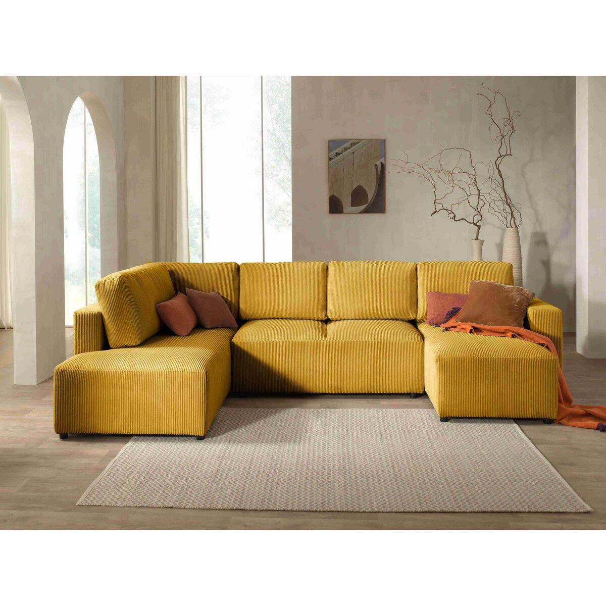 LISA DESIGN Livy - canapé panoramique convertible - avec coffre - en velours côtelé - 7 places - gauche