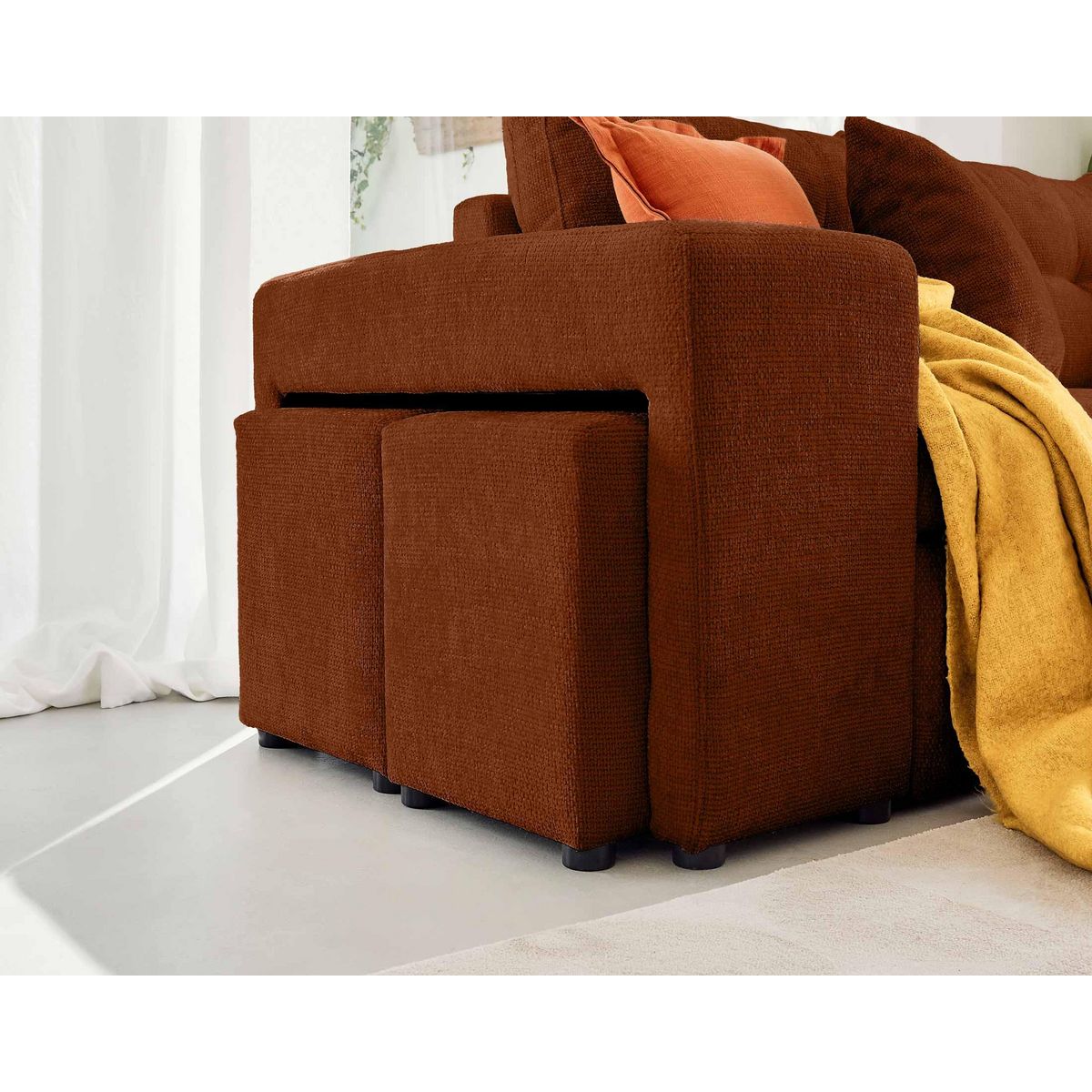 BEST MOBILIER California - canapé d'angle réversible 4 places - convertible avec coffre, étagère et poufs - en velours texturé