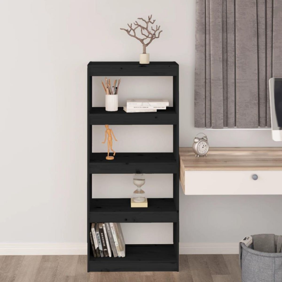 VIDAXL Bibliotheque/Separateur de piece Noir 60x30x135,5 cm Pin massif