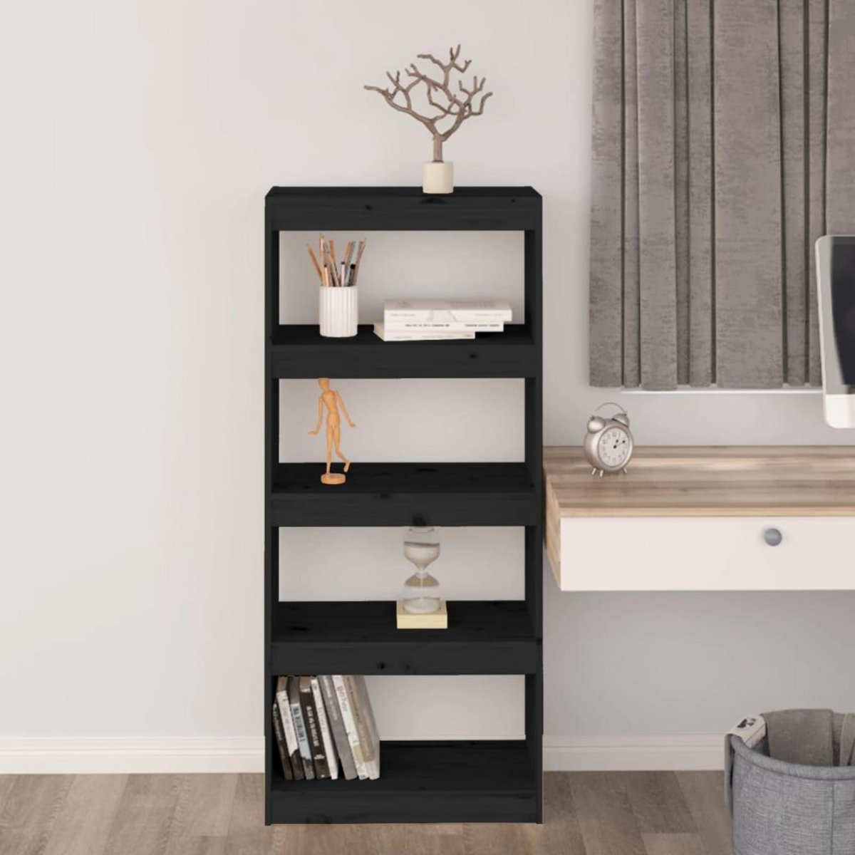 VIDAXL Bibliotheque/Separateur de piece Noir 60x30x135,5 cm Pin massif