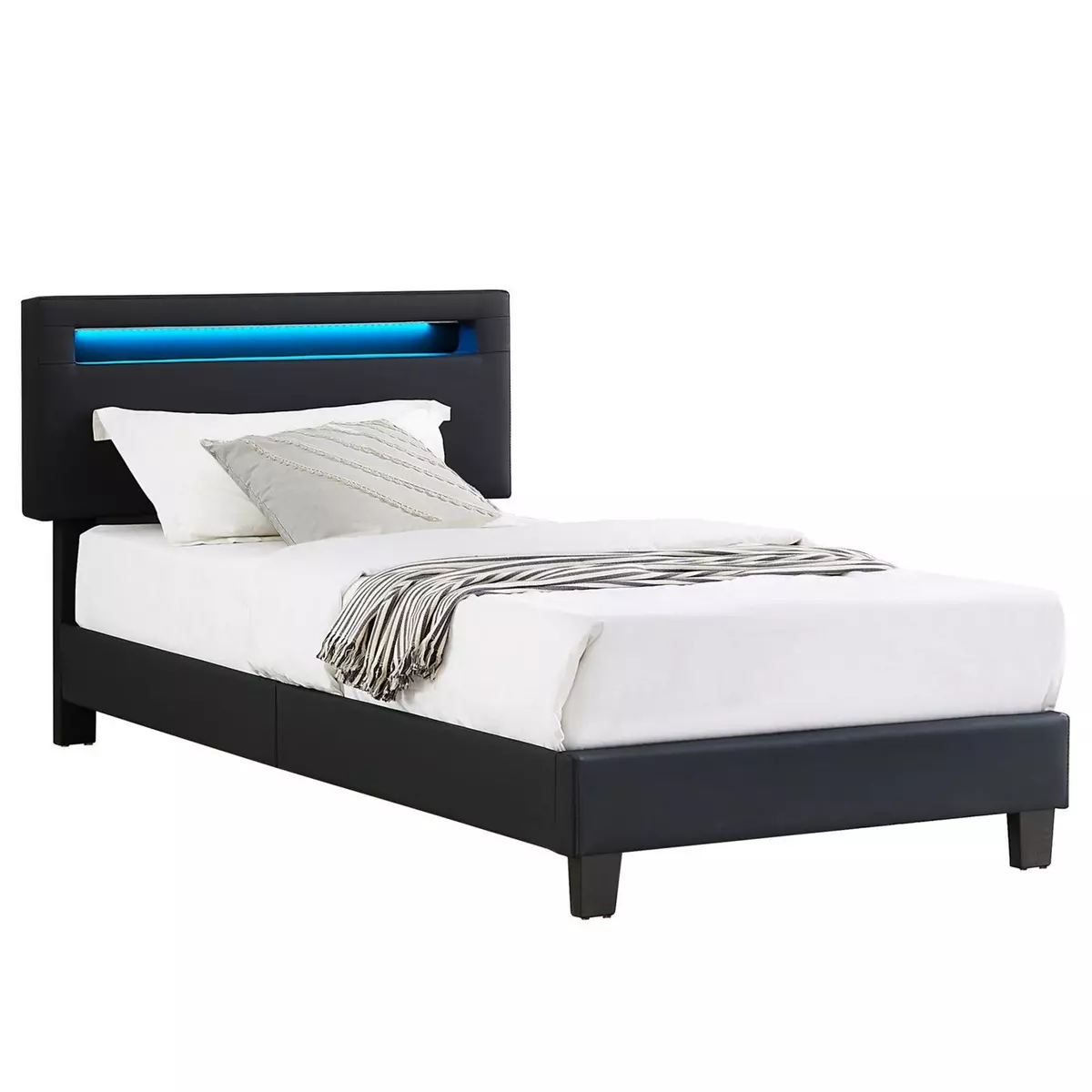 IDIMEX Lit LED simple 90x190 cm avec sommier, tête de lit réglable en hauteur, en synthétique noir, EVAN