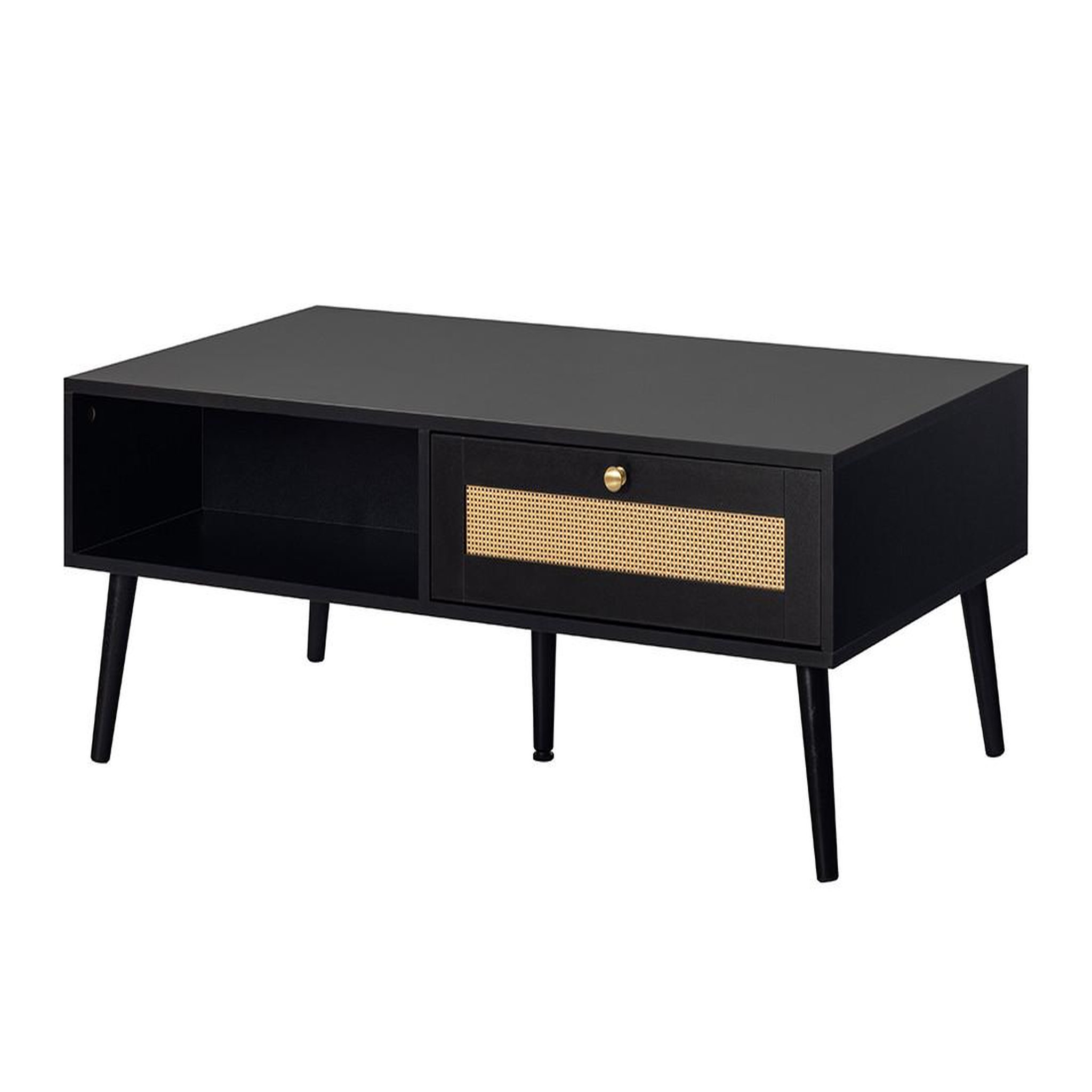 Voir la diapositive 3 : BEST MOBILIER Goto - table basse - noir et cannage - 1 tiroir et 1 niche - 110 cm