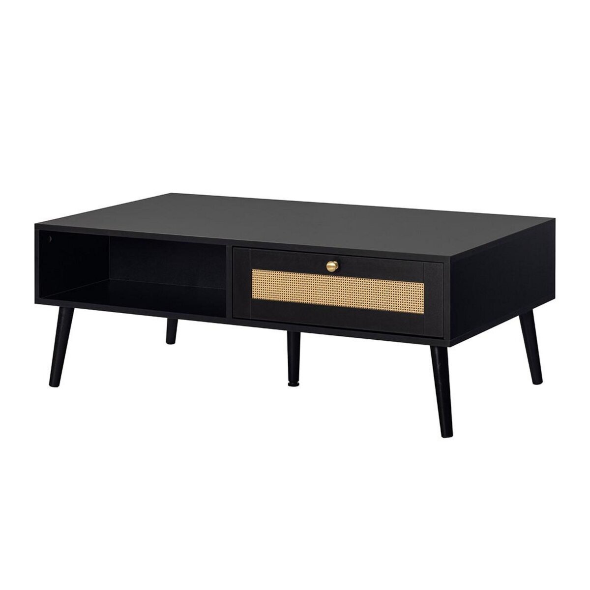 BEST MOBILIER Goto - table basse - noir et cannage - 1 tiroir et 1 niche - 110 cm