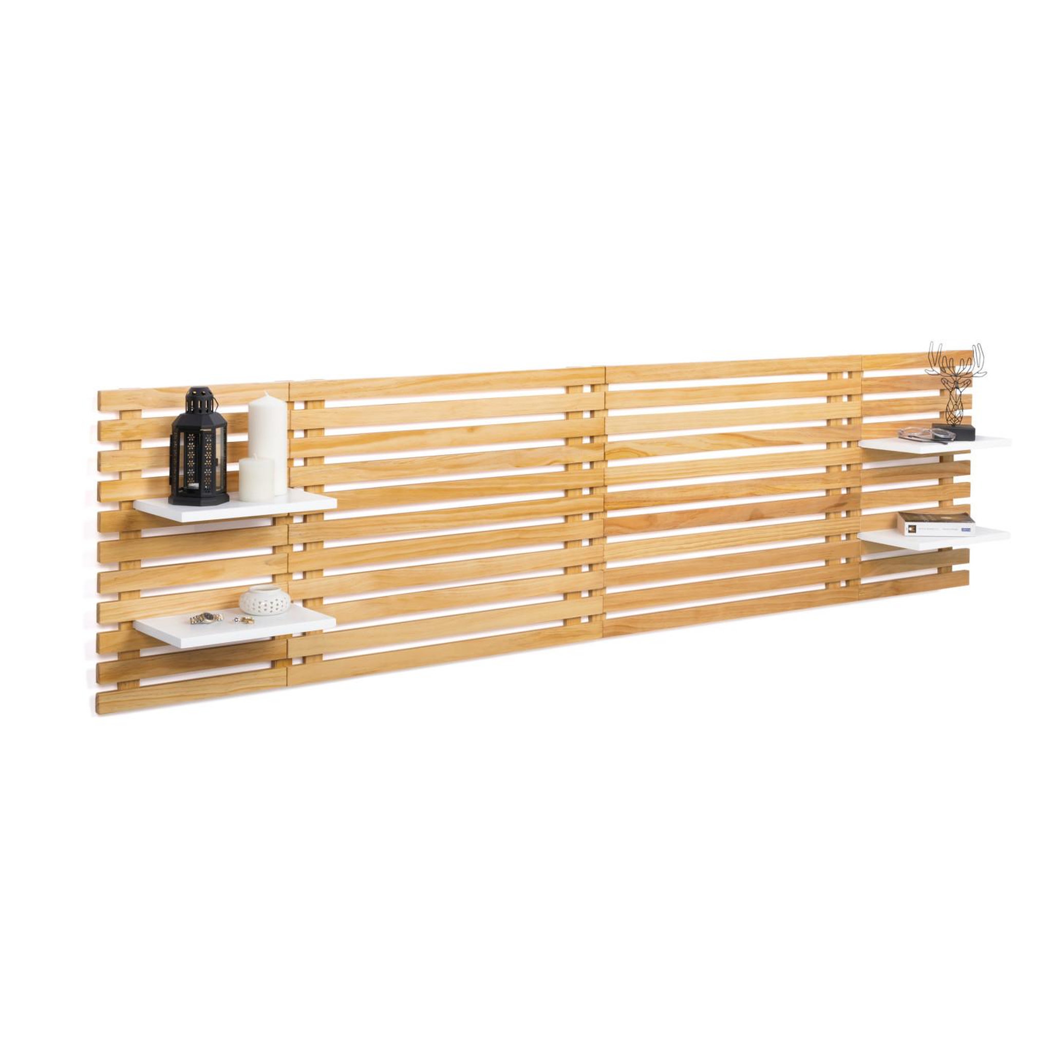 ID MARKET Tête de lit suspendue en lattes AVA 240 cm bois et étagères blanches