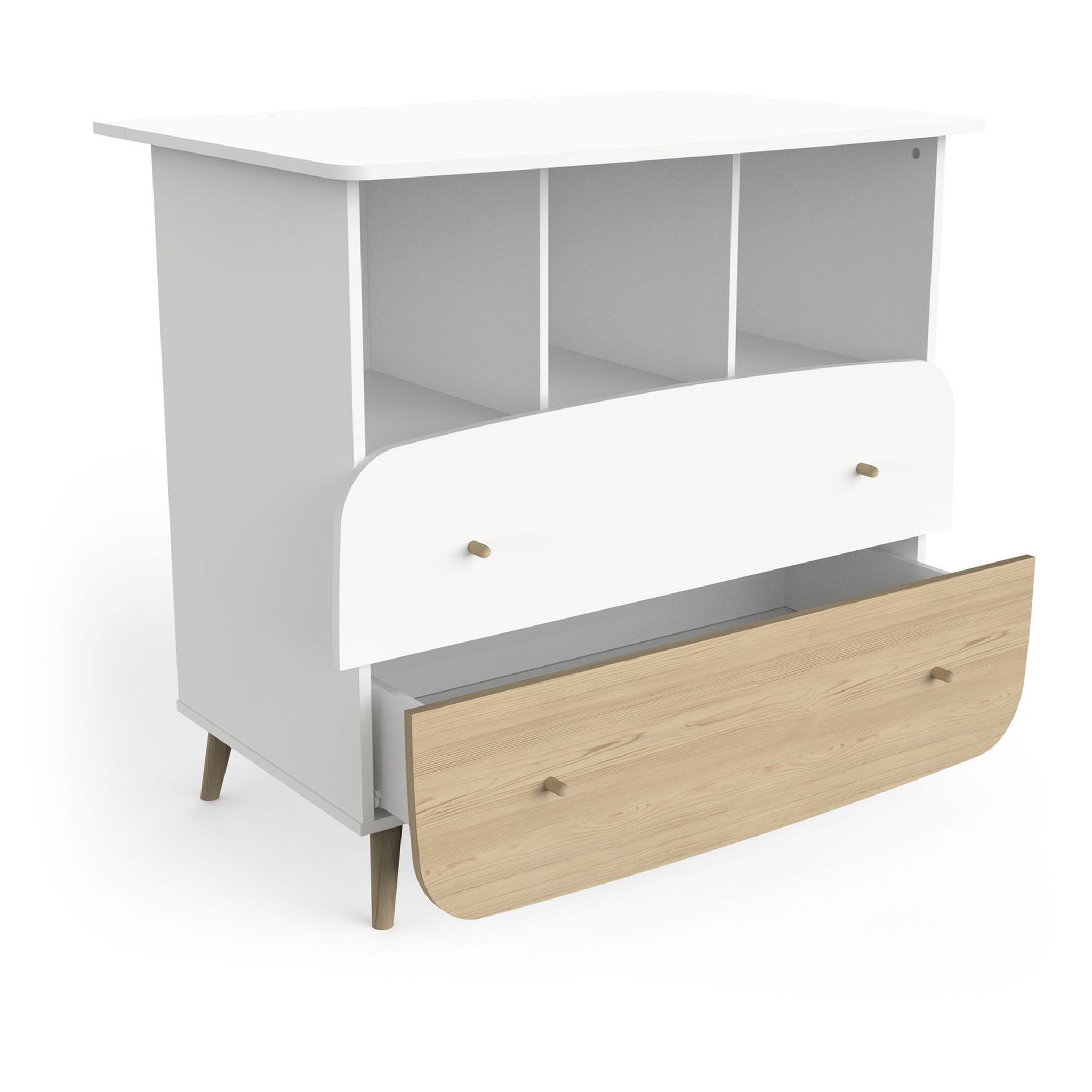 Voir la diapositive 5 : Commode bébé 2 tiroirs 3 niches blanc LINIA 