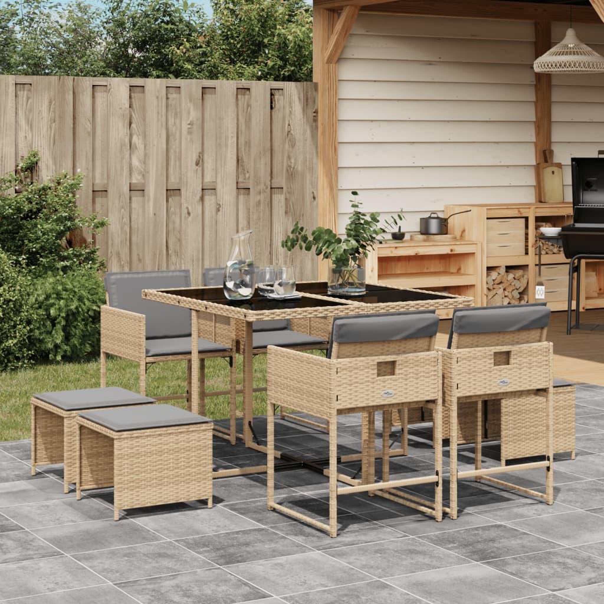 Voir la diapositive 1 : VIDAXL Ensemble a manger de jardin et coussins 9 pcs melange beige