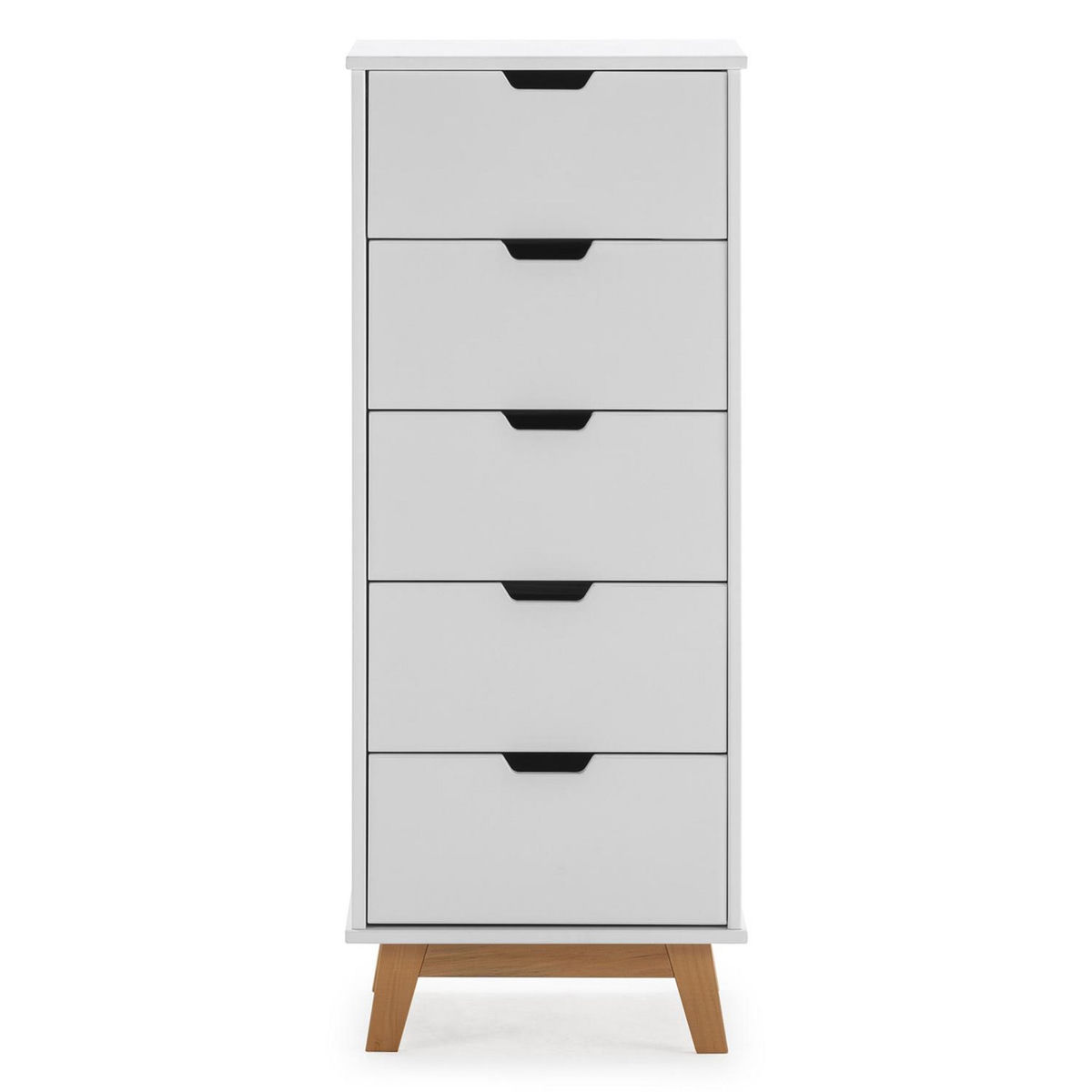 VS VENTA-STOCK Chifonnier Miranda avec 5 tirois en Couleur Blanc, Pieds en Bois Naturel