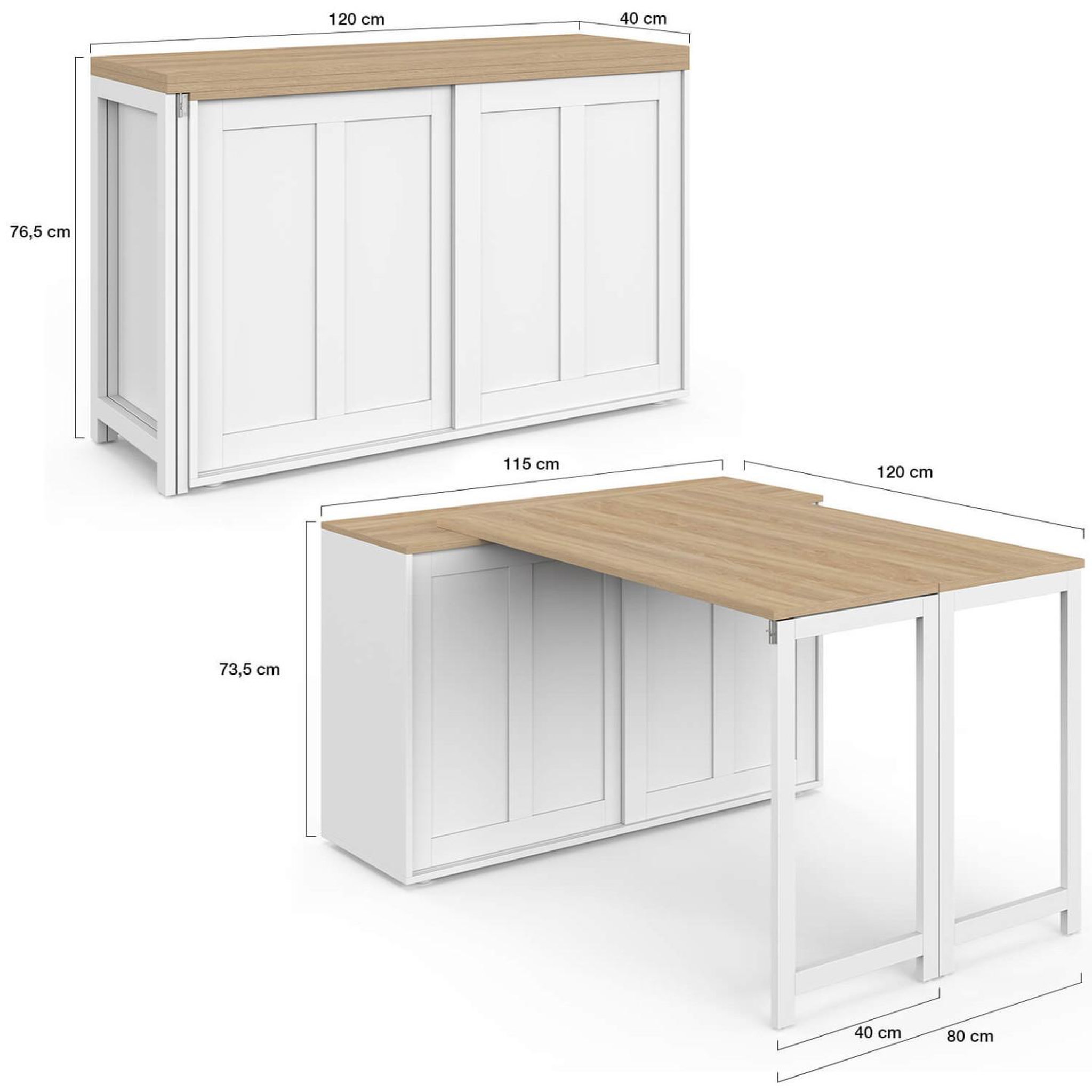 Voir la diapositive 5 : ID MARKET Buffet extensible 120 cm 2 portes coulissantes avec table à manger rotative et pliable jango 2 à 4 personnes blanc et bois