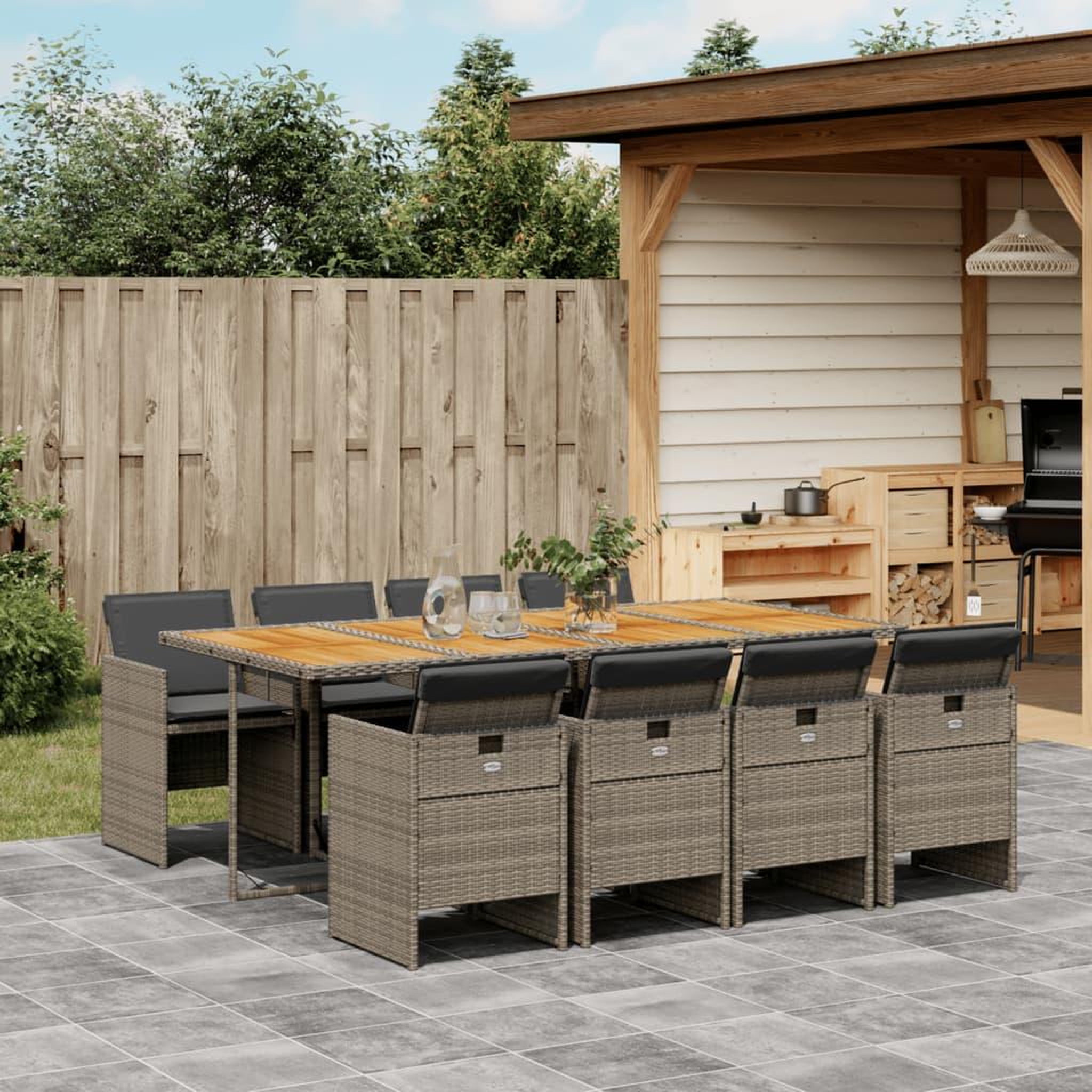 VIDAXL Ensemble a manger de jardin 9 pcs coussins gris resine tressee