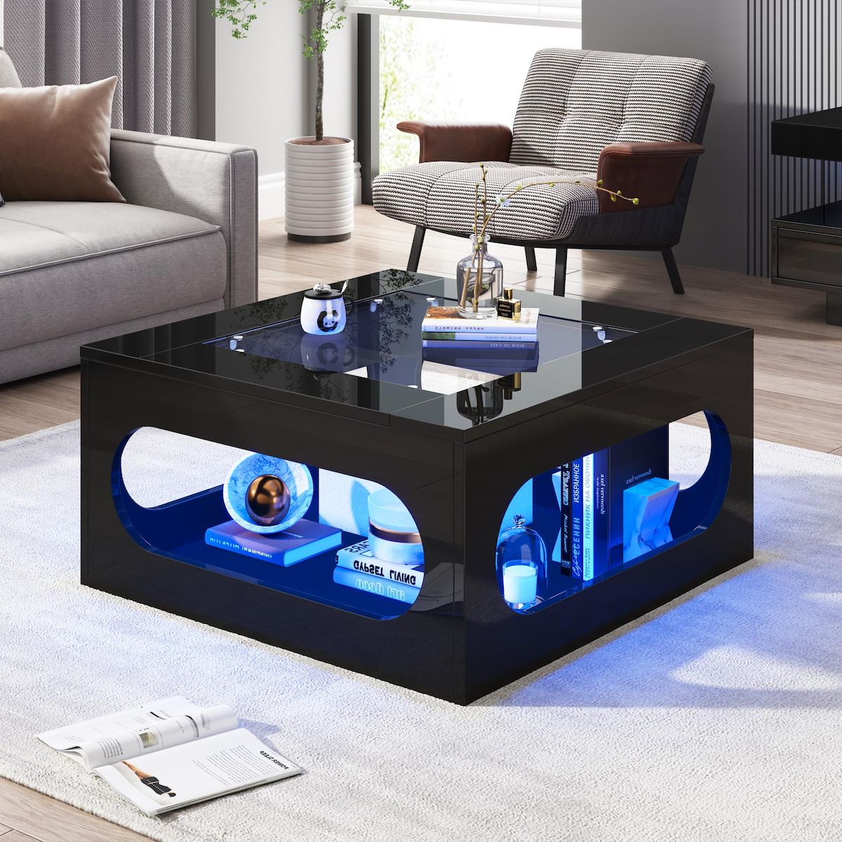 MERAX Table basse carrée noir - 70x70 cm led mdf