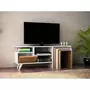 TOILINUX Meuble TV avec 3 niches de rangement 1 porte abattante et 3 tables d'appoint encastrable en panneaux de particules - Beige et blanc