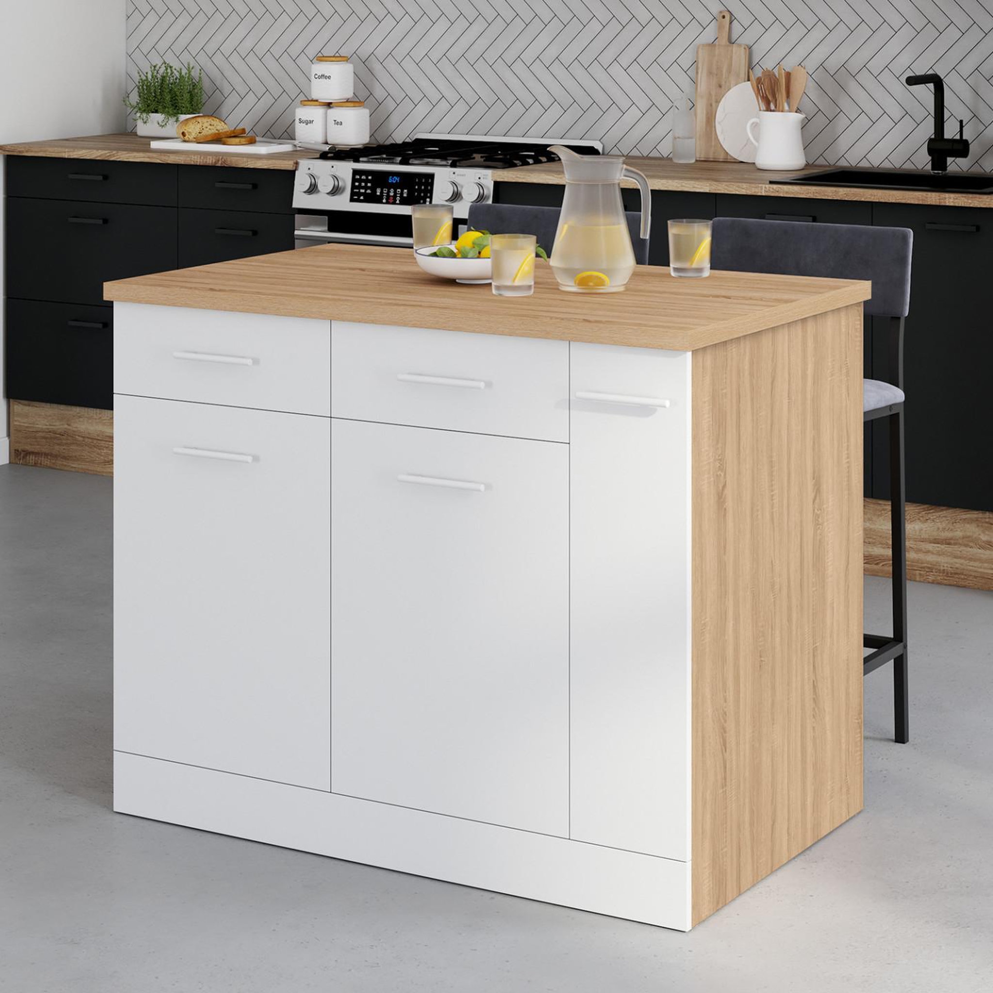 Voir la diapositive 5 : ID MARKET Ilot central alto portes avec rangements, tiroirs, rangement coulissant et plan de travail façon hêtre et blanc
