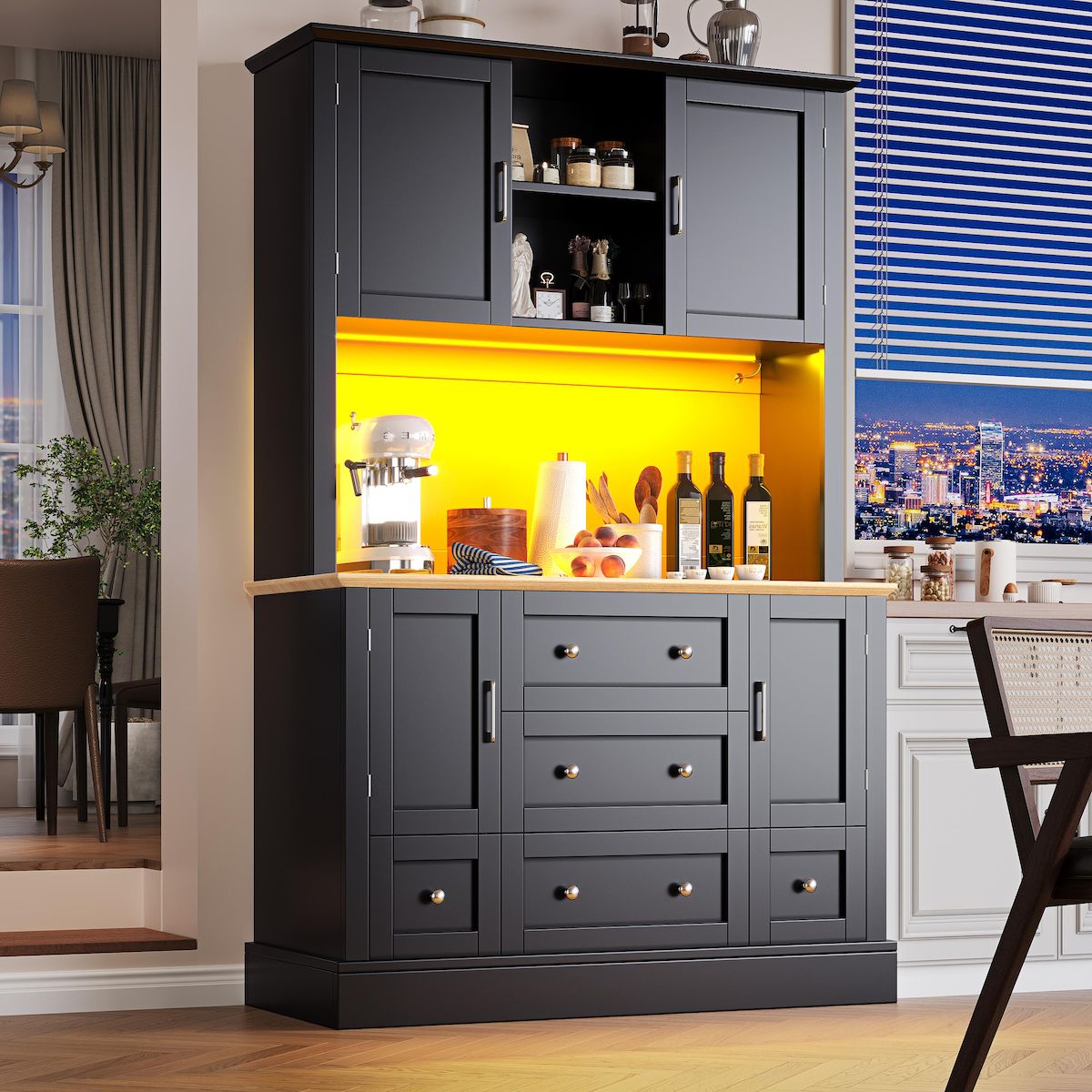MERAX Buffet de cuisine 4 portes 3 tiroirs - 115 cm noir led mdf