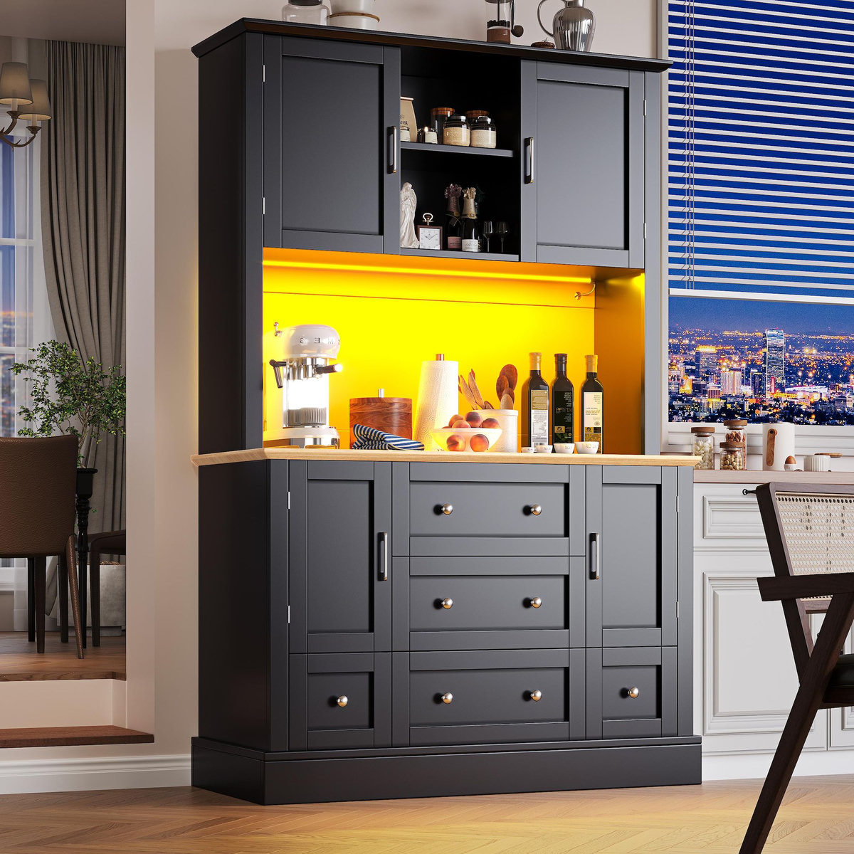 MERAX Buffet de cuisine 4 portes 3 tiroirs - 115 cm noir led mdf