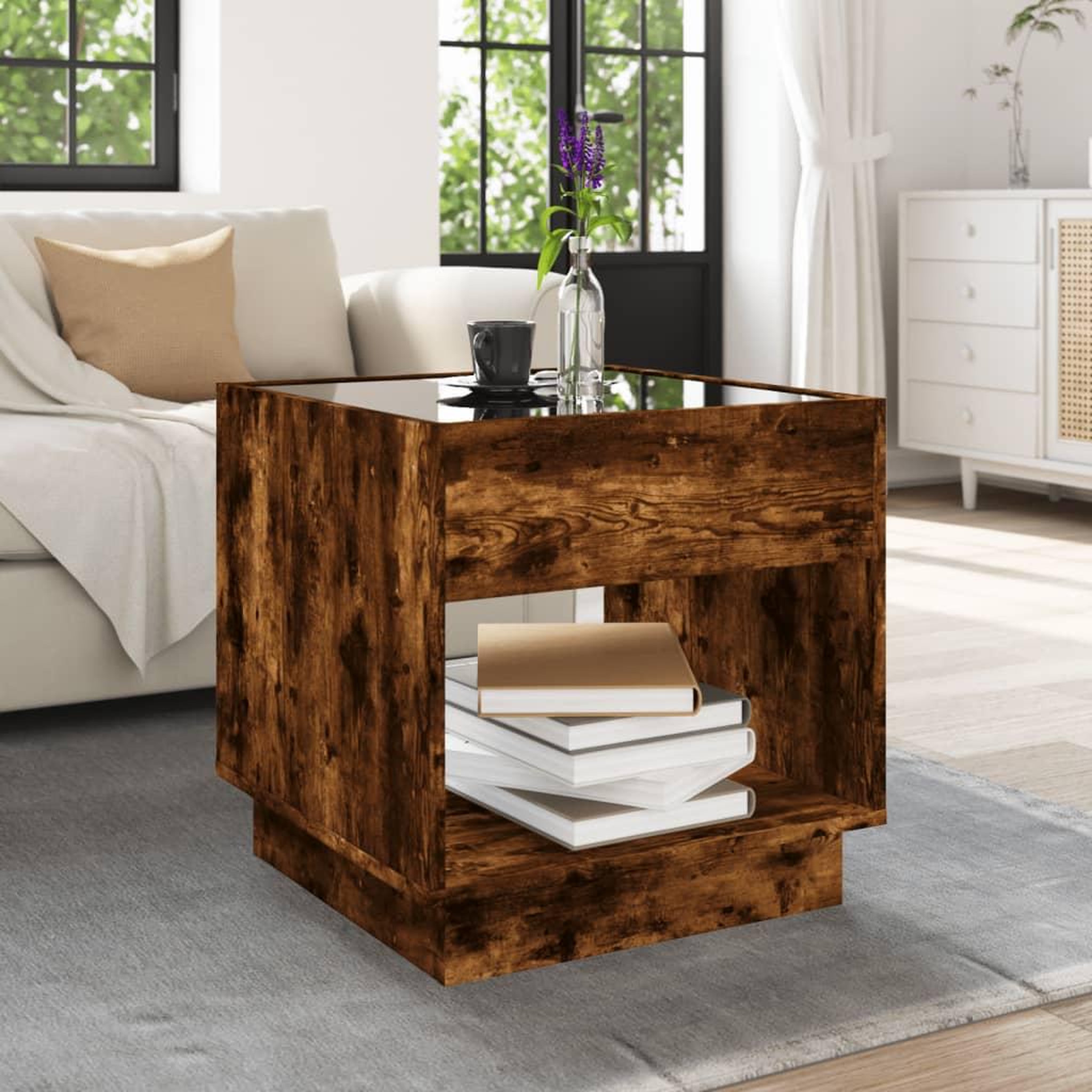 Voir la diapositive 4 : VIDAXL Table basse avec LED Infinity chene fume 50x50x50 cm