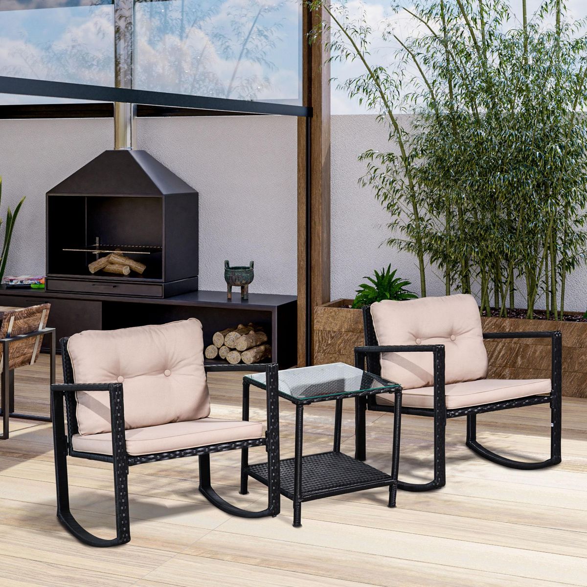 OUTSUNNY Ensemble de jardin 3 pièces style colonial 2 fauteuils à bascule avec coussins marron table basse étagère métal époxy résine tressée 4 fils noir